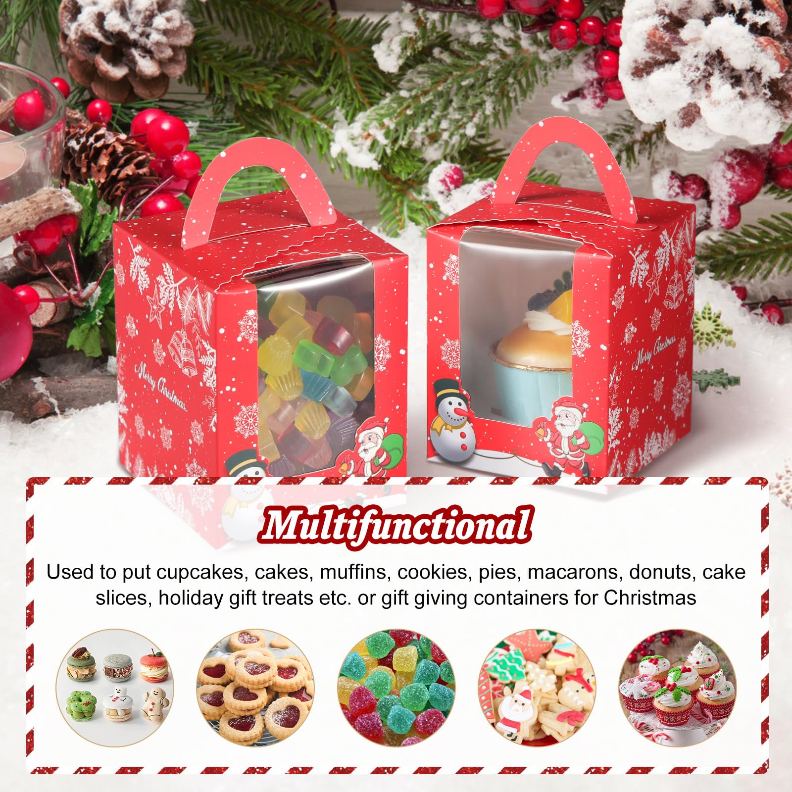 TsunNee 50pcs Christmas Muffin Boxes & Liners - Cupcake Carrier, Gift Boxes for Pastries Cookies, Brownies & Donuts - Image 4