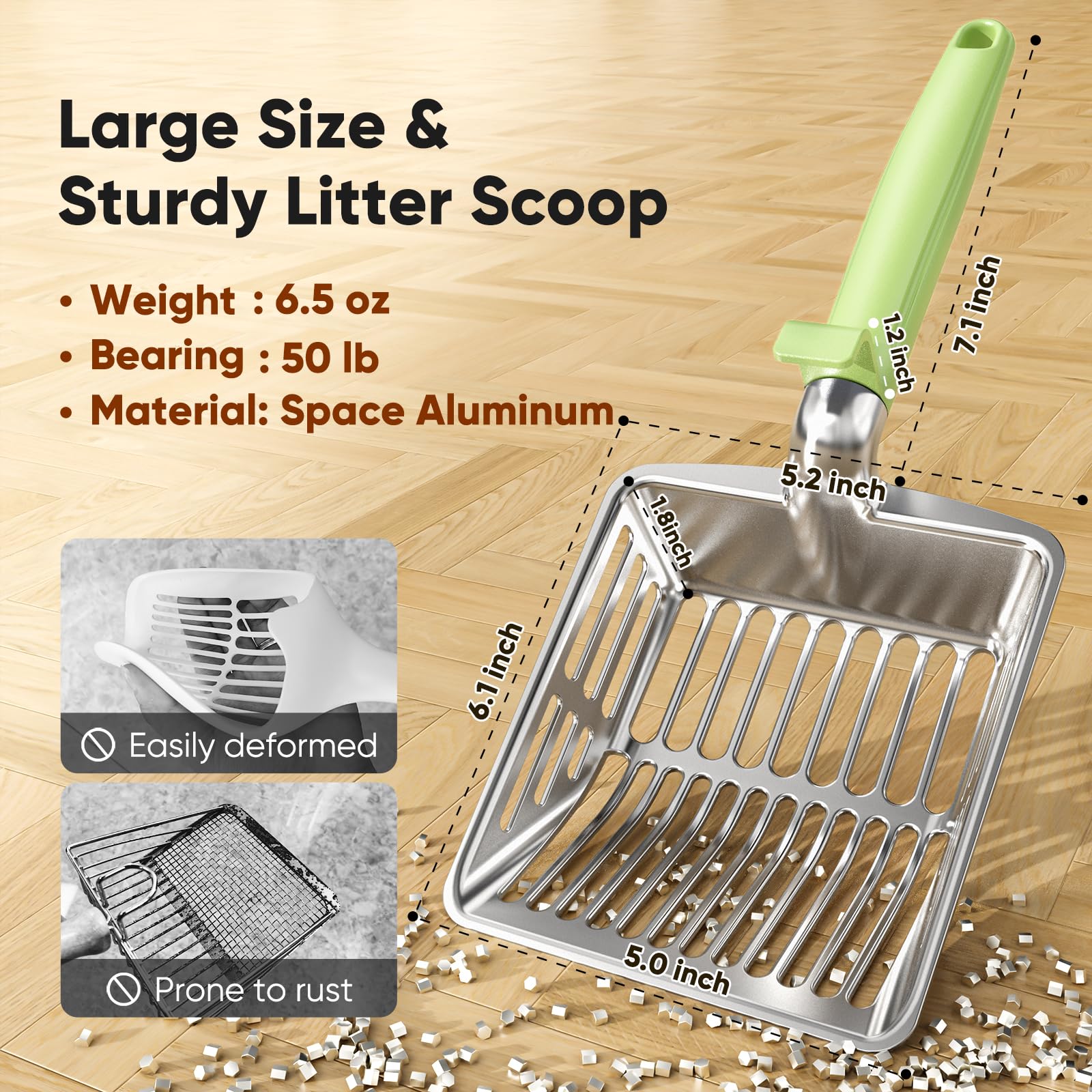 Metal Cat Litter Scoop, Large Cat Scooper with Deep Shovel & Dual Sifting Holes for Fast & Precise Sifting, Space Aluminum Kitty Litter Scooper with Long Handle & Easy-to-Hang Hook - Mint - image 2