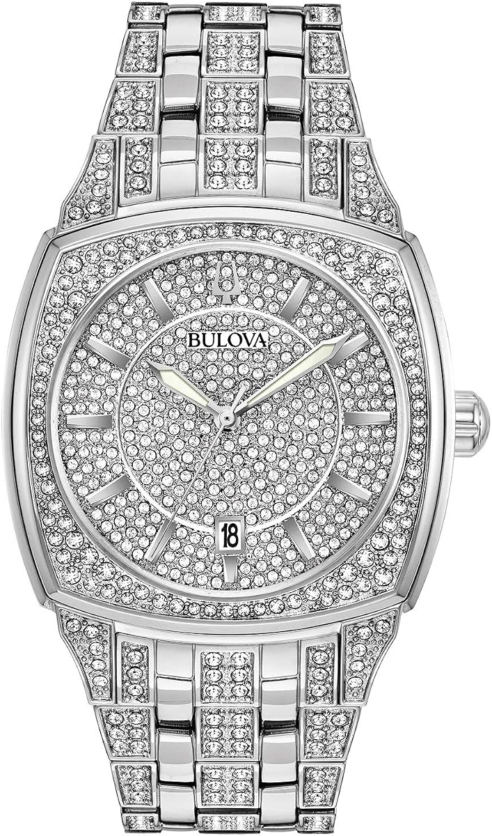 Bulova Reloj Crystal Phantom de 3 manecillas con fecha y caja en forma de cojín de cuarzo para hombre, esfera de cristal pavé, 40 mm