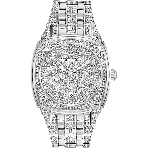 Bulova Men's Crystal Phantom 3-Hand Date Quartz Cushion Shaped Case Watch, Pave Crystal Dial, 40mm