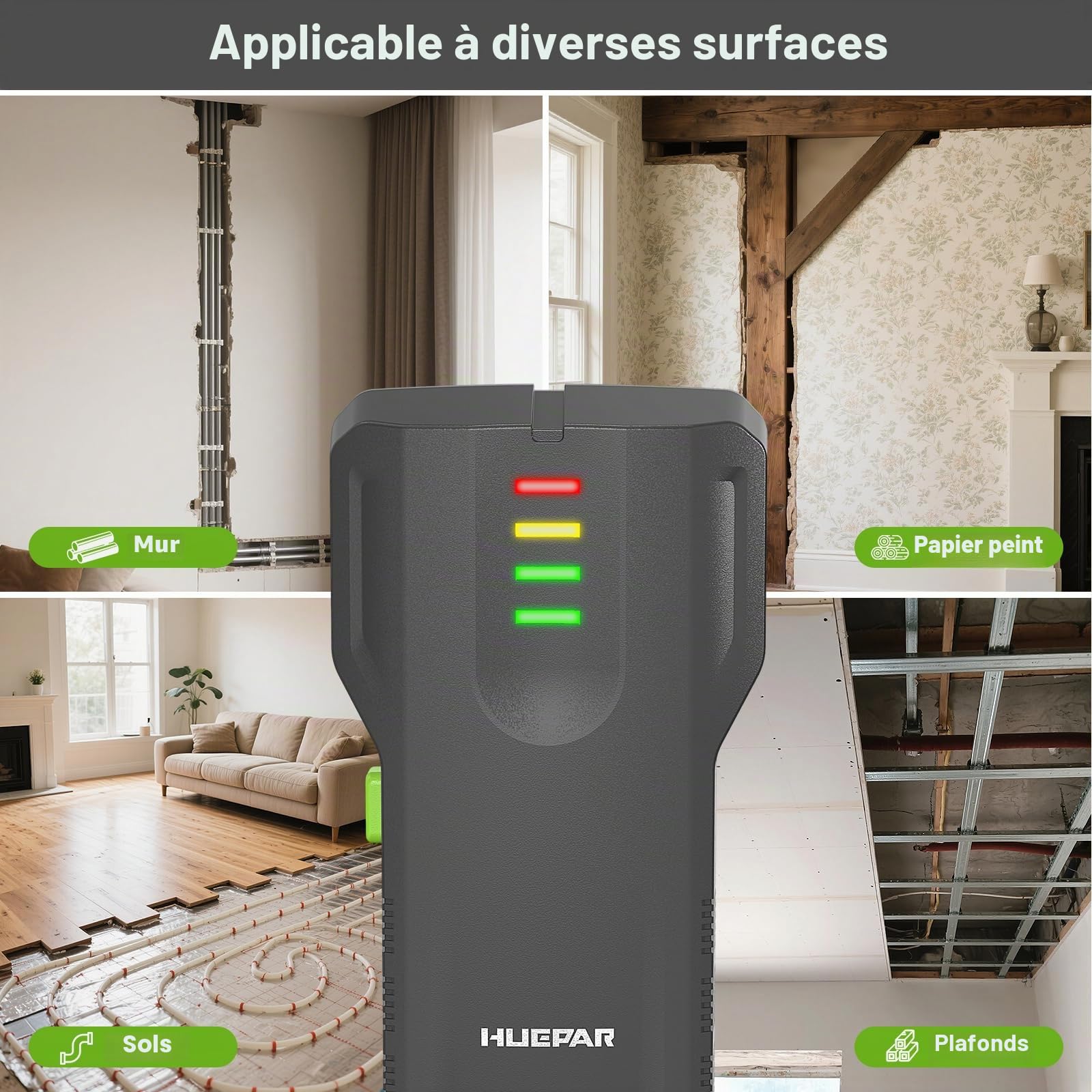 Détecteur Mural 4-en-1 Huepar– détecte Bois, métal, tuyaux PVC et matériaux Non métalliques, avec Voyant LCD 4 Niveaux et Buzzer WS02