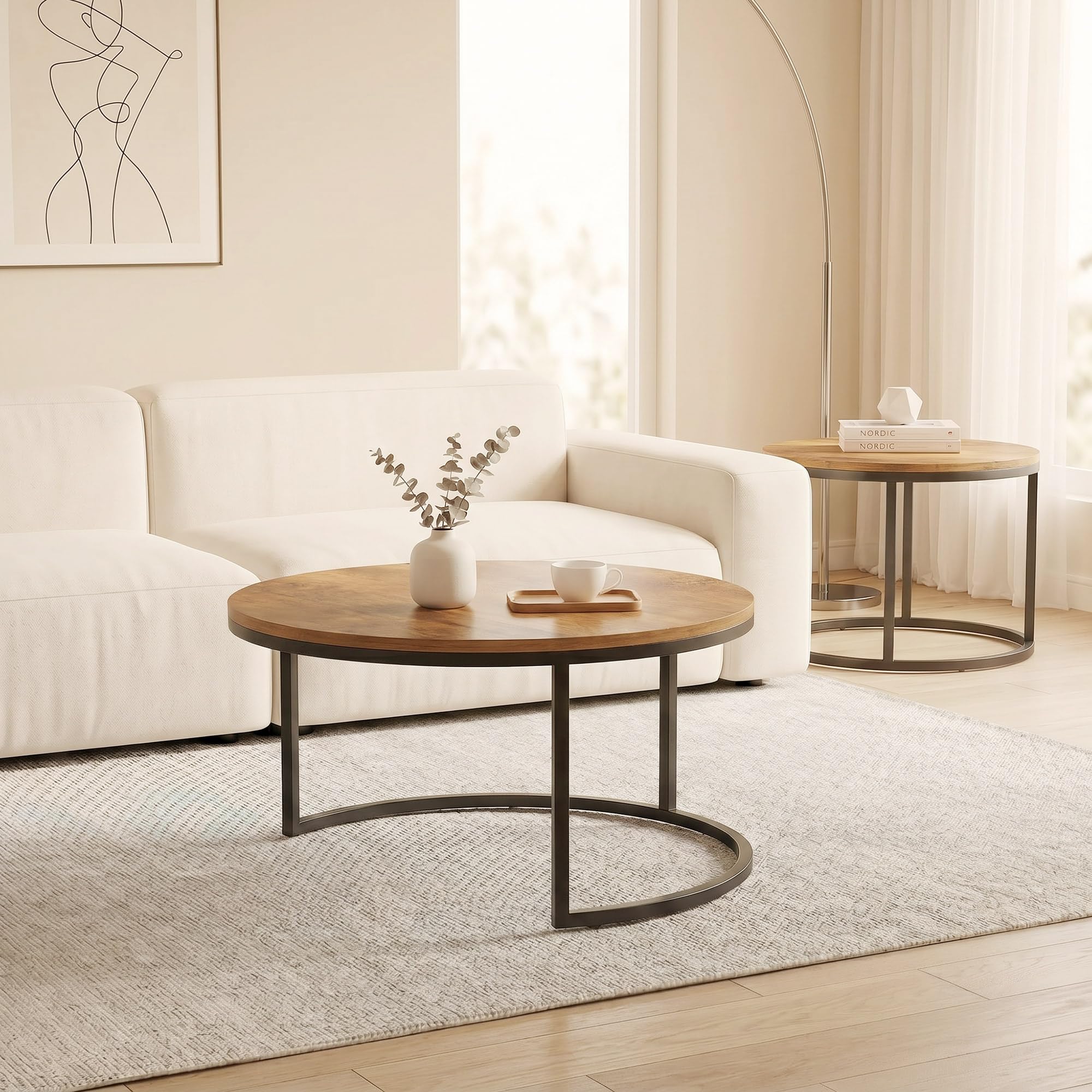 HOMCOM Set de 2 Mesas de Centro Redondas Nido, 60x60x 45 cm, Marrón | Industriales, Estructura Metálica, Salón, Dormitorio u Oficina