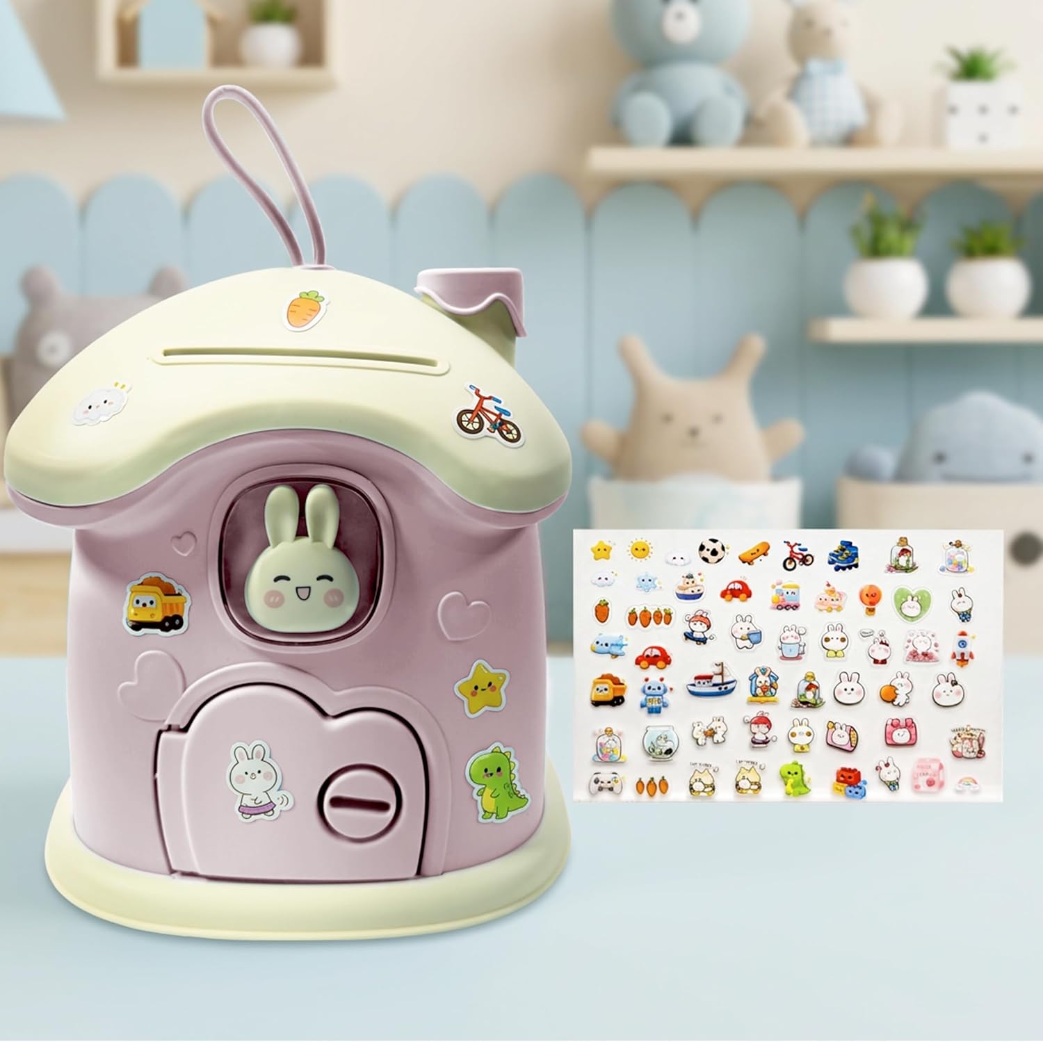 Bunny House Coin Bank for Kids - Durable Rabbit Piggy Bank with Handle & Lock - Cute Toddler Savings Jar for Girls & Boys - Kawaii Nursery Room Decor - First Money Box Gift - Pink