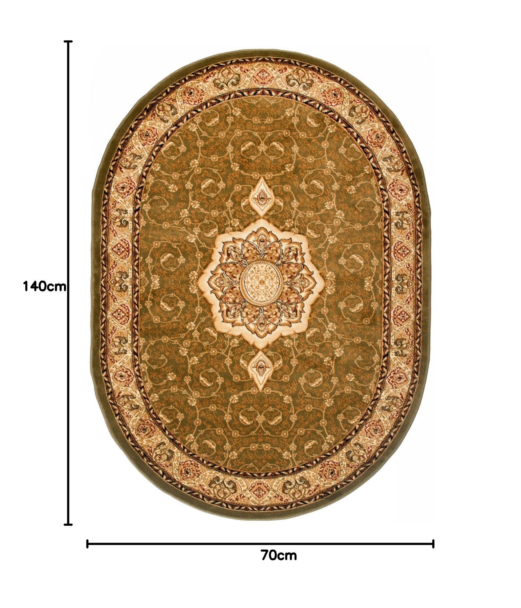 TAPISO Yesemek Ovale Tapis de Salon Chambre Design Traditionnel Vert Beige Médaillon Fleures Feuilles 70 x 140 cm