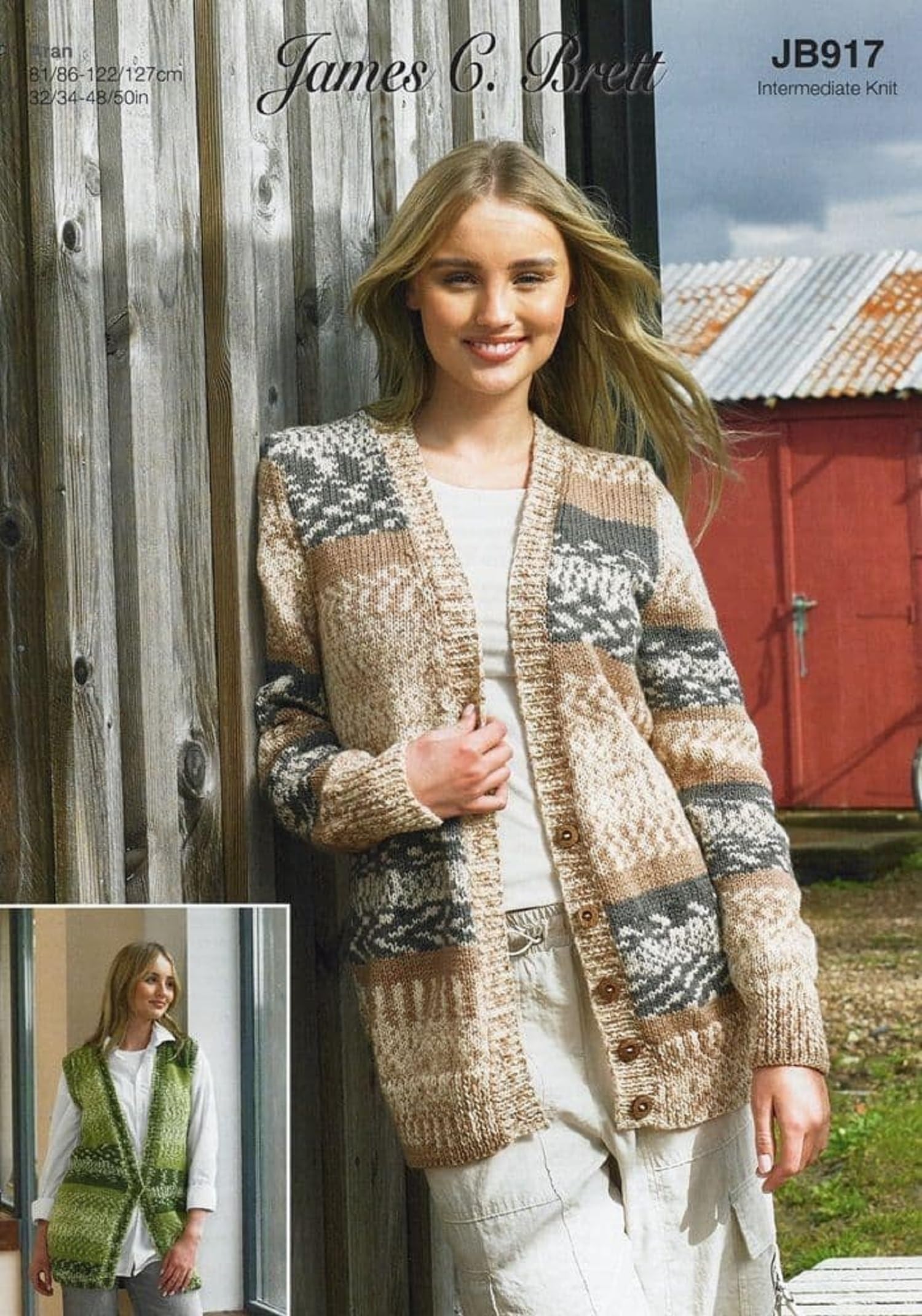 James Brett Aran Knitting Pattern Ladies Fairisle Cardigan & Waistcoat (JB917)