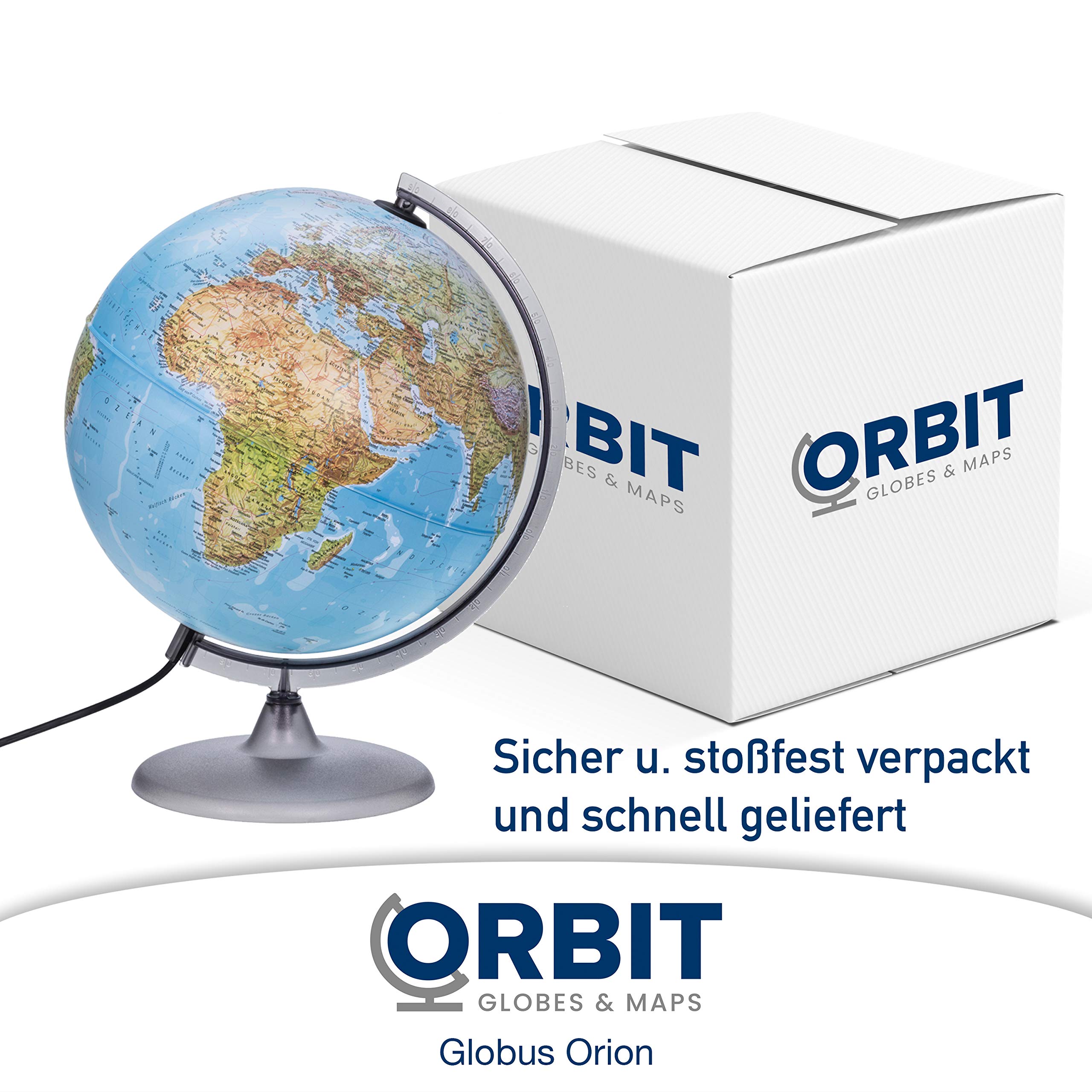 ORBIT GLOBES & MAPS - Leuchtglobus - 30cm Globus mit stabilem Standfuß, Kartenbild 2026 physikalisch/politisch mit LED Leuchte, Aktuelles deutsches Kartenbild, Schülerglobus