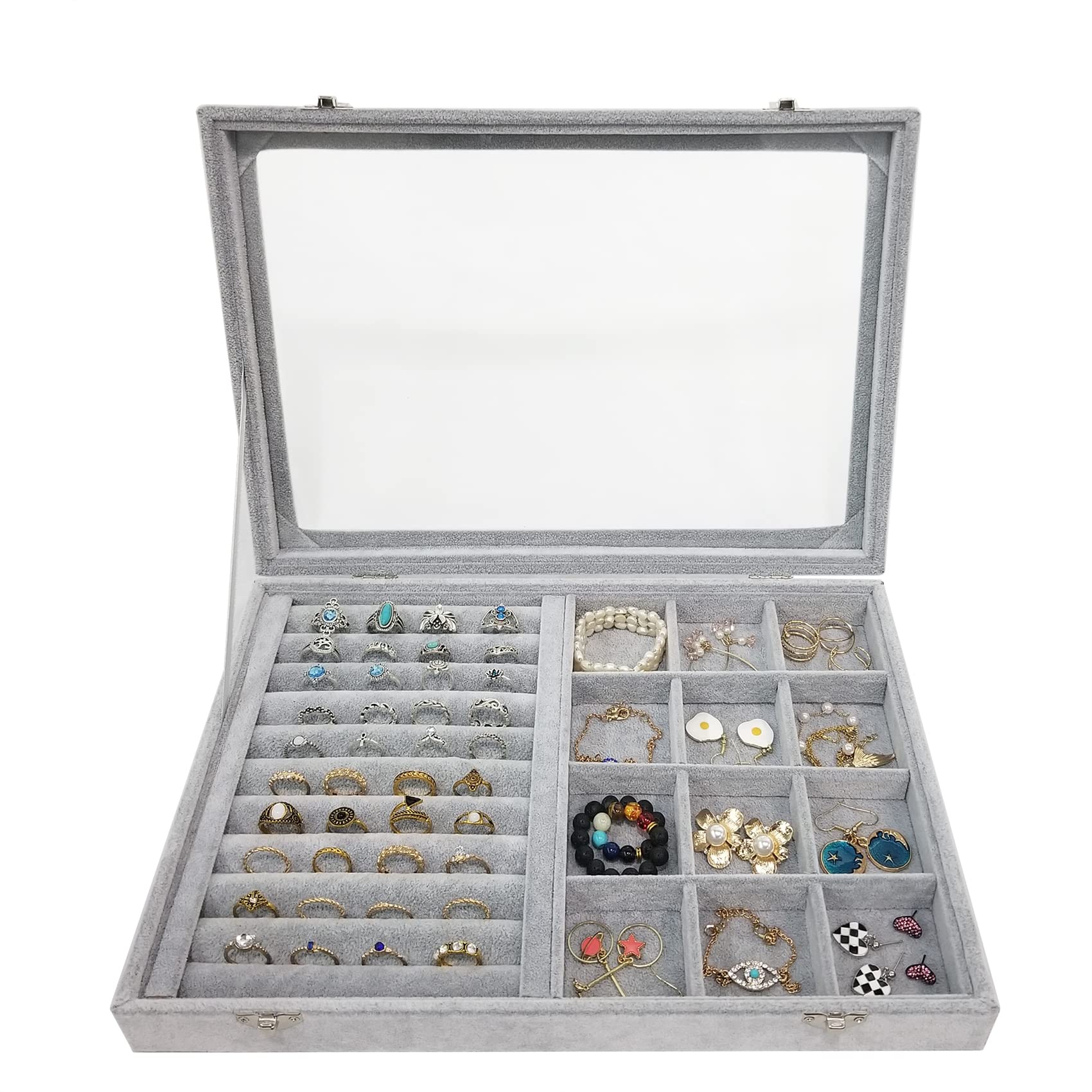 Caja organizadora de anillos de terciopelo de hielo, 12 rejillas, bandeja de joyería con tapa transparente y cerradura gris