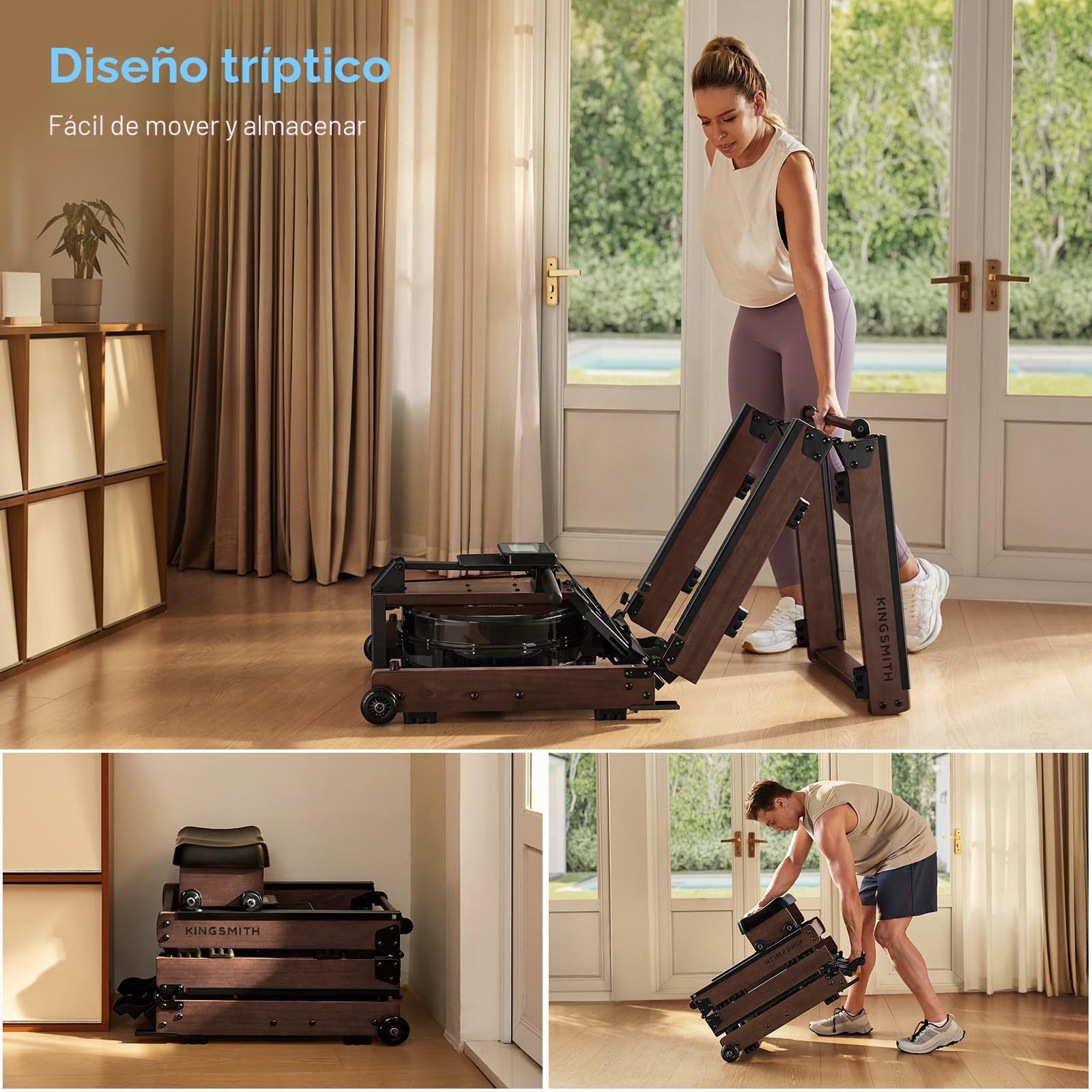 Maquina de Remo para Casa, Máquina de Remo Resistente al Agua con Ajuste de 5 Niveles, Máquina de Remo Triple Plegable, Capacidad de Peso de 180 kg con Monitor LED, Noces Compatibles con la Aplicación
