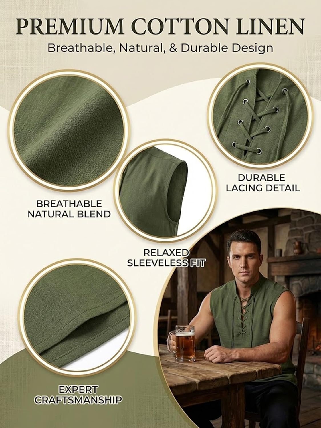 BAKUGOU Mens Medieval Lace Up Sleeveless Shirt Viking Renaissance Pirate Tunic Top Warrior Costume Vest for Men - Image 6