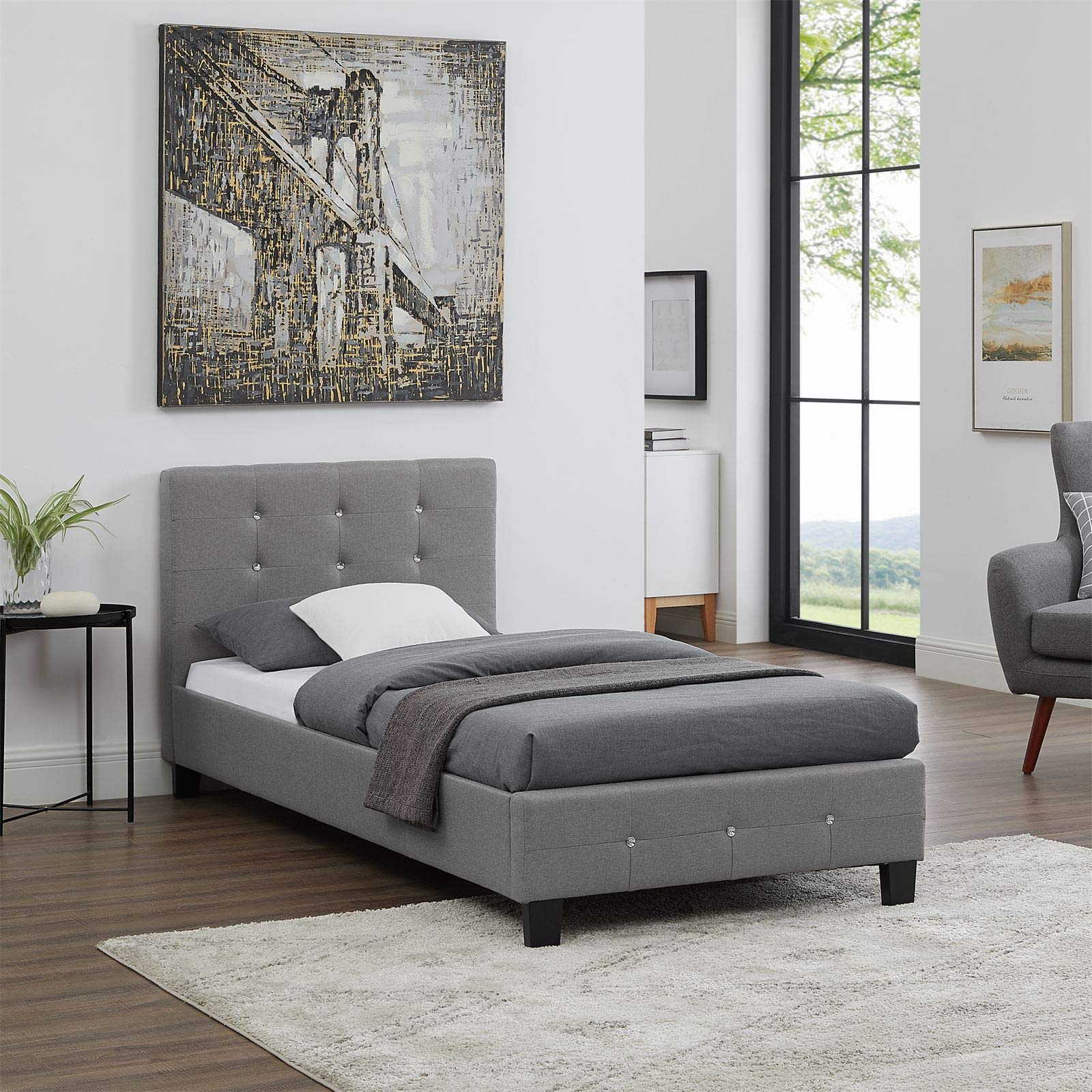 CARO-Möbel Polsterbett Delaware Bettgestell 90 x 200 cm Einzelbett Designbett mit Strasssteinen inklusive Lattenrost Textilbezug in grau