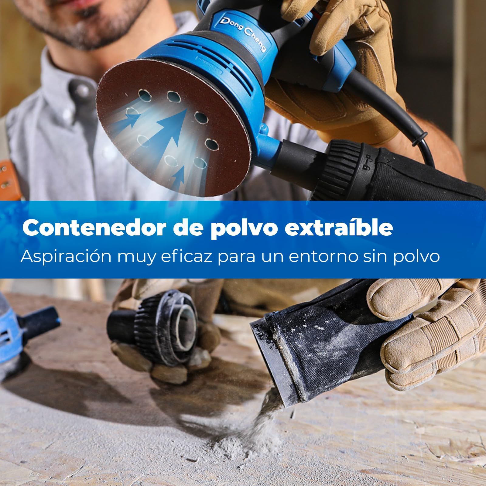 DongCheng Lijadora orbital aleatoria 300W, 125mm, 6 velocidades, 4.000-12.000 rpm con colector de polvo y 10 lijas, ideal para proyectos de carpintería y bricolaje