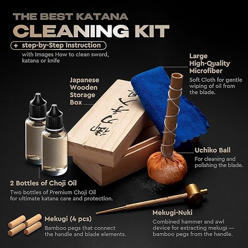 Miniatura 2 de Sword Katana Kit de limpieza de cuchillos – Juego de mantenimiento con 2 aceites Choji – Microfibra grande – Caja de madera japonesa – Bola Uchiko –