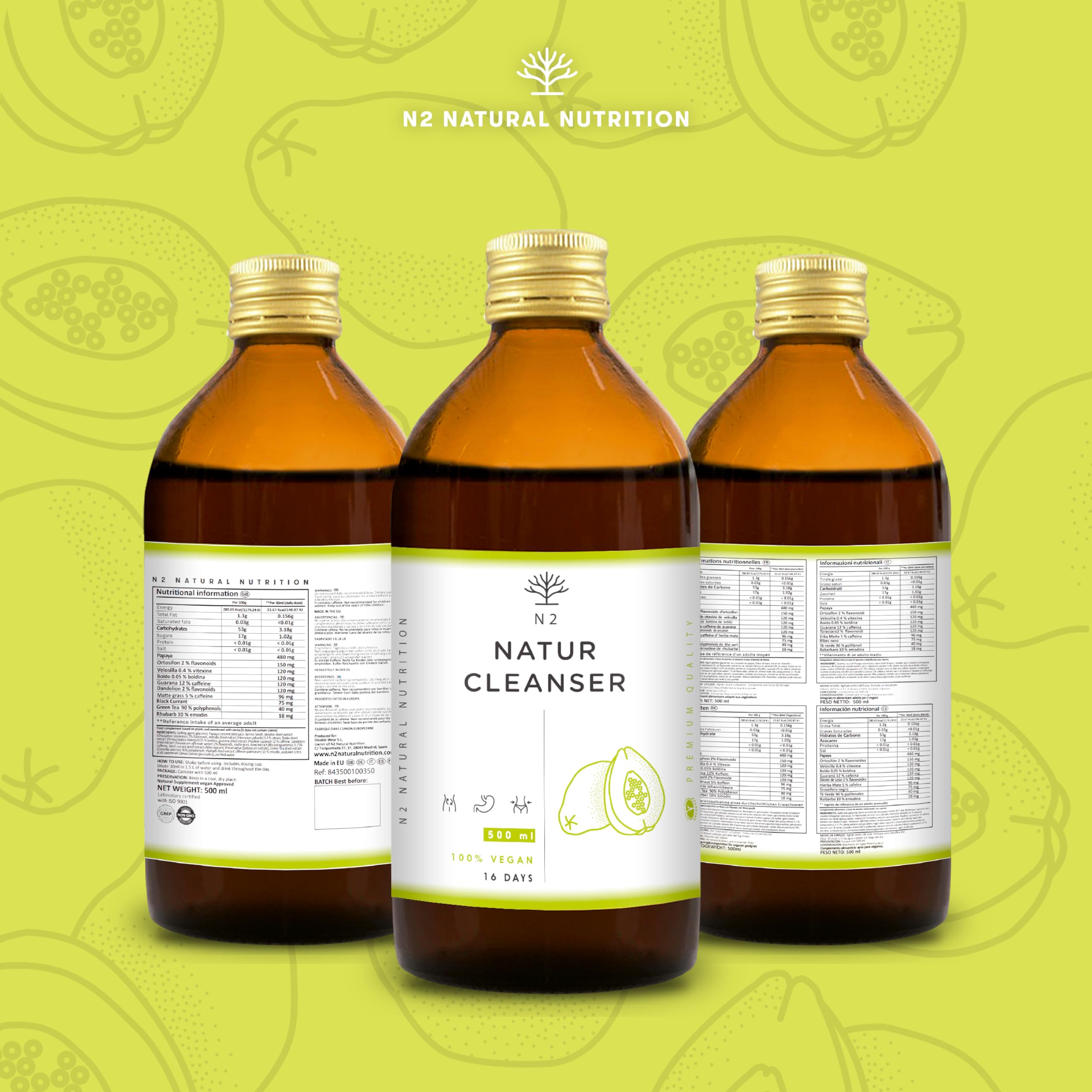 NATUR CLEANSER Flüssig 500ml 12 hocheffizienten Natur Pflanzen | Natürlich & Körper entgiften & bei Grüner Tee Guarana Papaya Löwenzahn Orthosiphon Vegan N2 Natural Nutrition (Packung mit 2)