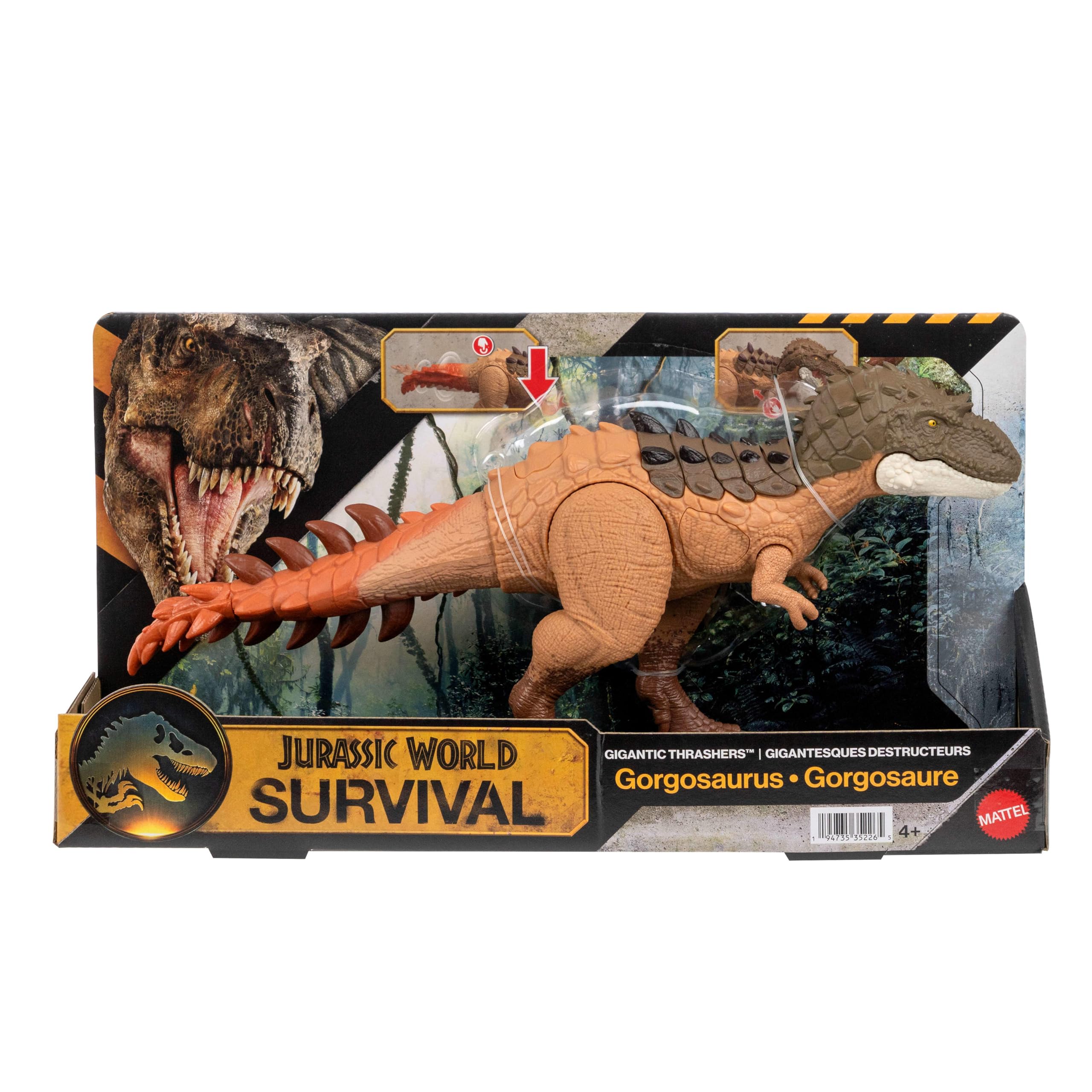 Mattel Jurassic World - Gorgosaurus Gigantic Thrashers, dinosauro di grandi dimensioni con 2 azioni d'attacco incluse e funzioni di evoluzione speciali, 4+ anni, JKL86