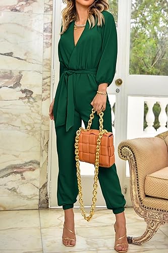 Miniatura 7 de PRETTYGARDEN Enterizo de otoño para mujer, estilo casual, elegante, de una pieza, cuello en V, manga larga, bolsillos con cinturón, pantalones