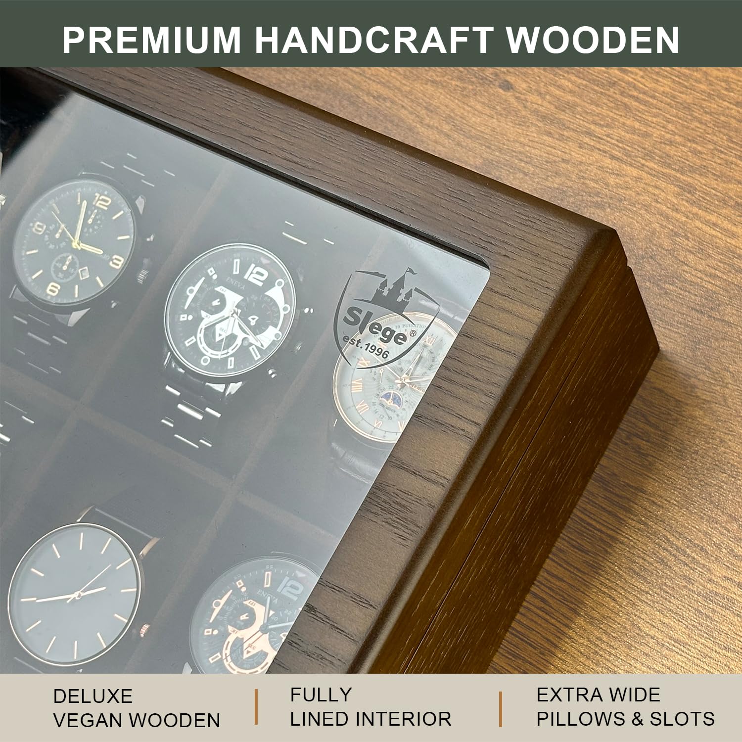 Caja de Relojes de Madera con 12 Ranuras, Estuche Relojero Organizador con Tapa de Cristal y Cojín Extraíble