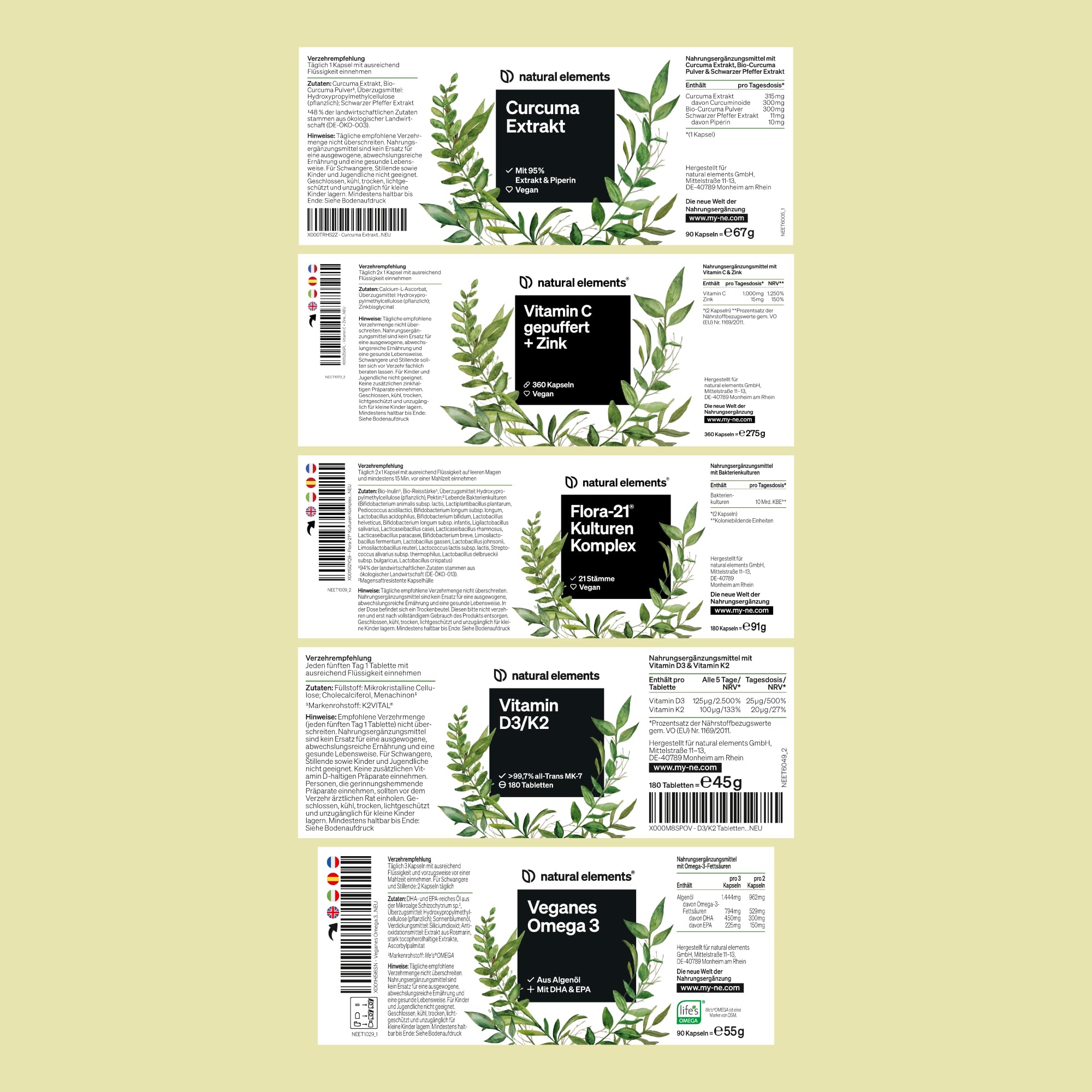 natural elements Premium Set - Kulturen Komplex, Vitamin C + Zink, Curcuma Extrakt, Vitamin D3 K2 & veganes Omega 3 - hochdosiert, ohne unnötige Zusätze