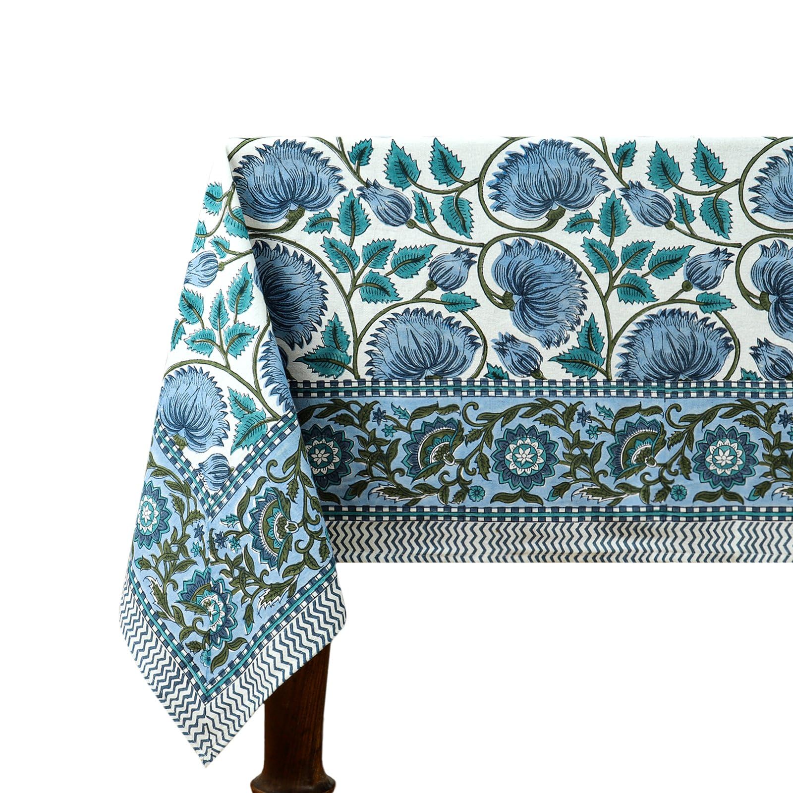72x190 Inches Rectangle Hand Block Printed Cotton Tablecloth, White Blue Floral Table Cloths Washable, Indian Table Linen For Dinning Home Decor Spring Autumn Outdoor Thanksgiving — image 1
