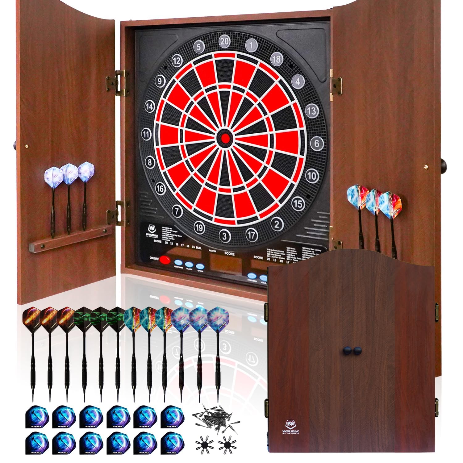 WINMAX Jeu de Flechette Electronique, Decorative Cible de fléchettes Armoire Offre 34 Jeux pour Un Maximum de 8 Joueurs, y Compris 12 flèches à Pointe Douce