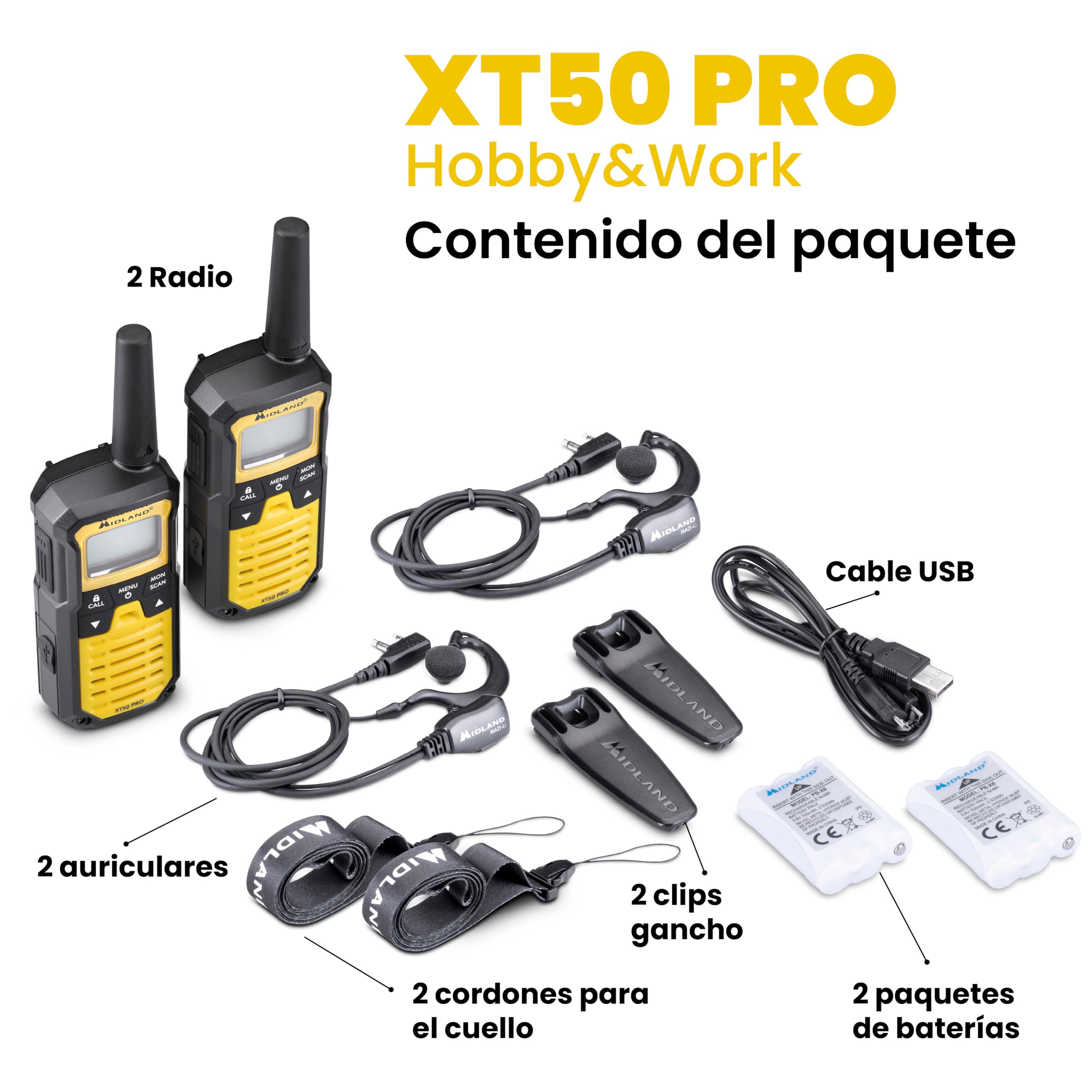 Midland - Walkie Talkie XT50 PRO Doble Hobby & Trabajo, 2 Radioaficionados Profesionales 85 Canales PMR446, Red Radio Montana - 8Km, 12H, Waterproof IPX2, Carga USB, Estuche de Transporte y Accesorios