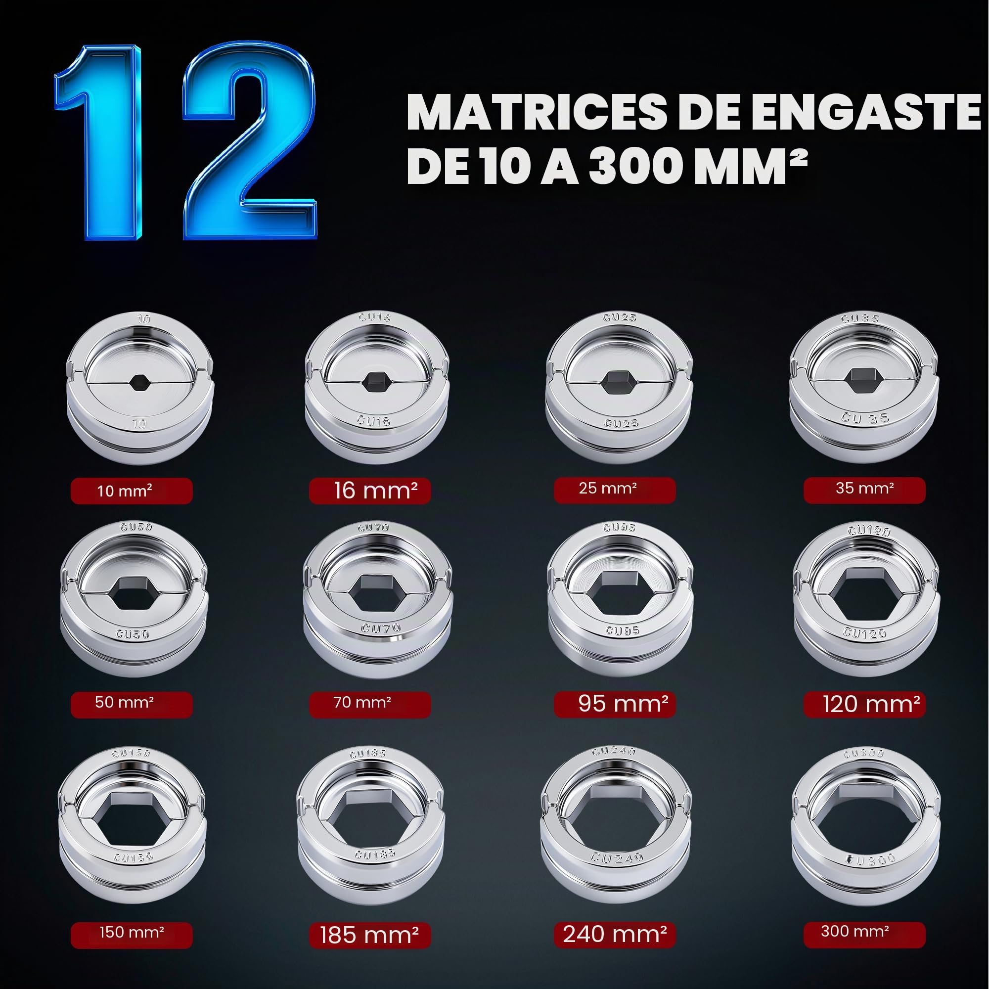 NEWTRY 10-300 mm² Batería Terminales de cable Crimpadora Eléctrica Hidráulica crimpadoro Herramienta 20 V 5 Ah Alicates de Prensa con 12 pares de Insertos de Prensa
