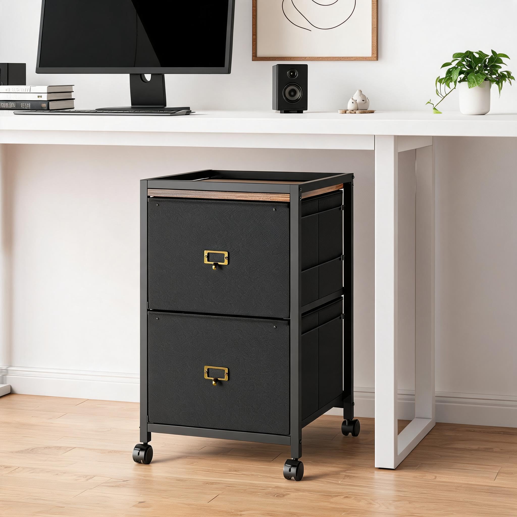 Schreibtisch Unterschrank mit Stoffschubladen, Rollcontainer Aktenschrank auf Rollen – 2 Stoff-Schubladen mit Hängeregister für A4/Letter, unter Schreibtisch, für Home Office, Schwarz