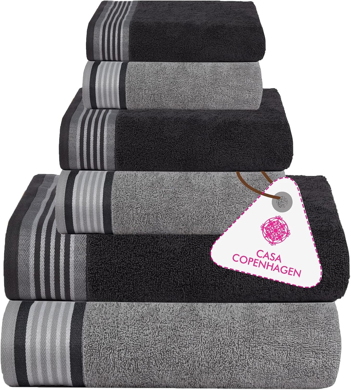 CASA COPENHAGEN He & She 6-piece towel set, Pine Grey + Grey Violet, 550 g/m², 2 bath, 2 hand, 2 washcloths, Designed in Denmark, Made from Egyptian cotton for bathroom, kitchen and shower.