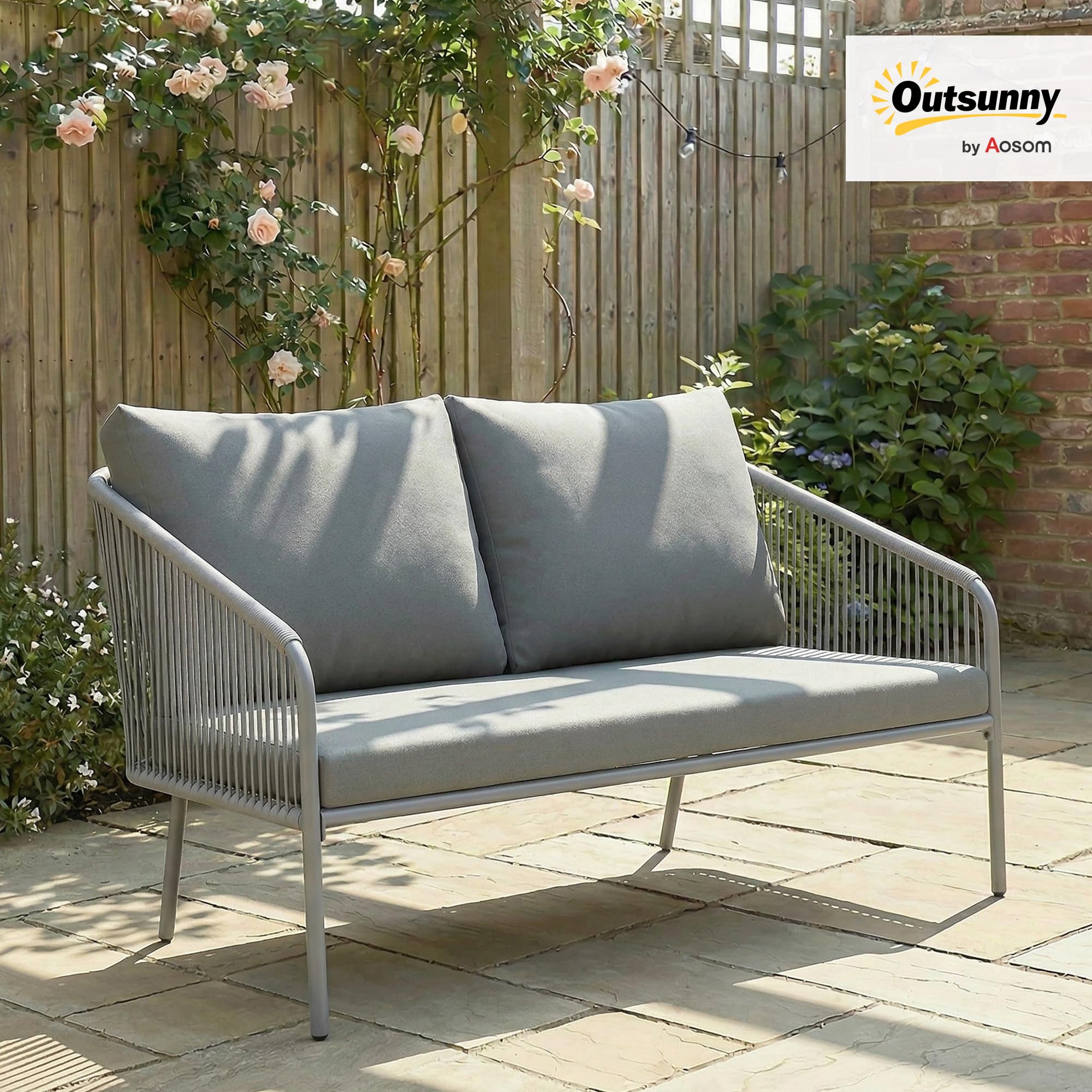 Outsunny Sofá Jardín con Cojines 2 Plazas Exterior 112x72x76 cm Gris | Sofá de ratán para balcón, muebles de patio de polirratán