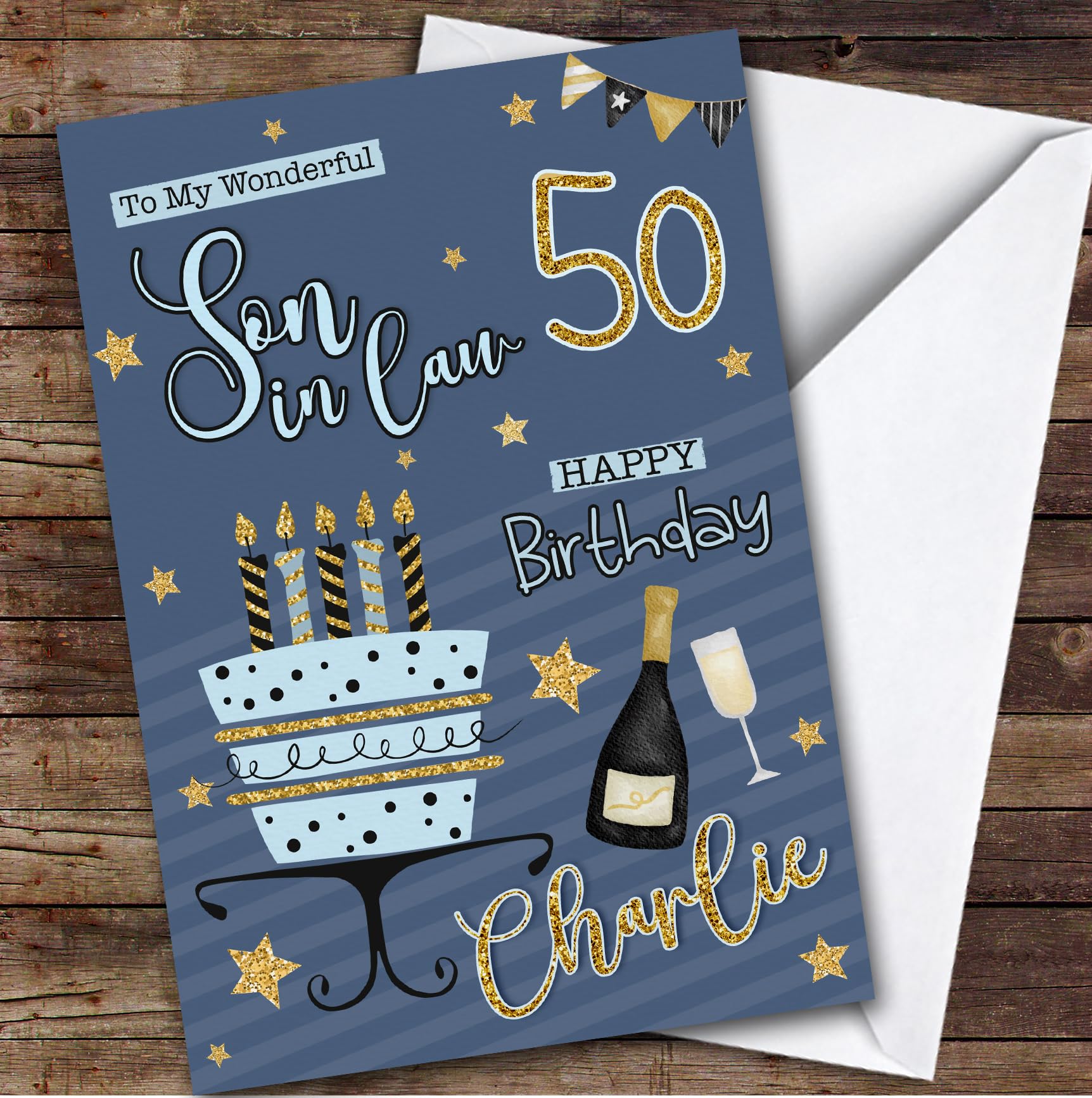 Personalised Son-In-Law 50th Blue Gold Birthday Card Cake | Personalised Birthday Card For Son-in-law, Him, 50th, Milestone Birthdays