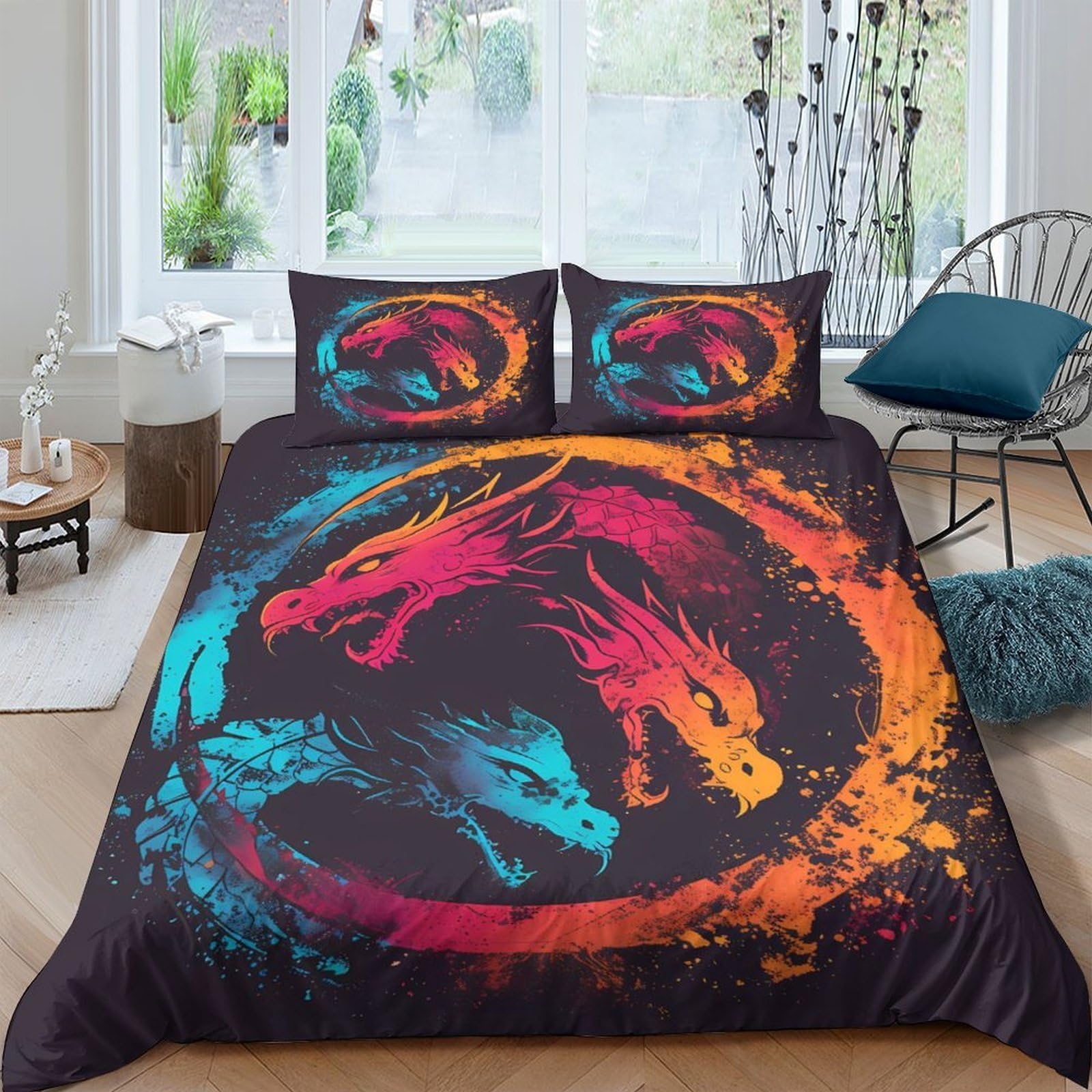 Ctjqhvkz Style-1 3D Printed Dragon Yin Yang Fitted Sheet Microfiber Soft Breathable Abstract Fire Water Mattress Cover Bedroom Decor Single（135X200cm）