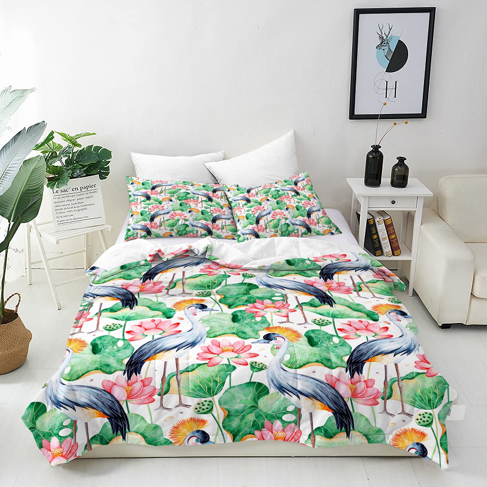 ANHOPE Lotus Duvet Cover Set Soft Comforter Cover Watercolor Flowers Birds Print Pattern 3 Piece Bedding Set with Pillowcase All Season Quilt Cover with Zipper for Kids Adults Single Size — image 1