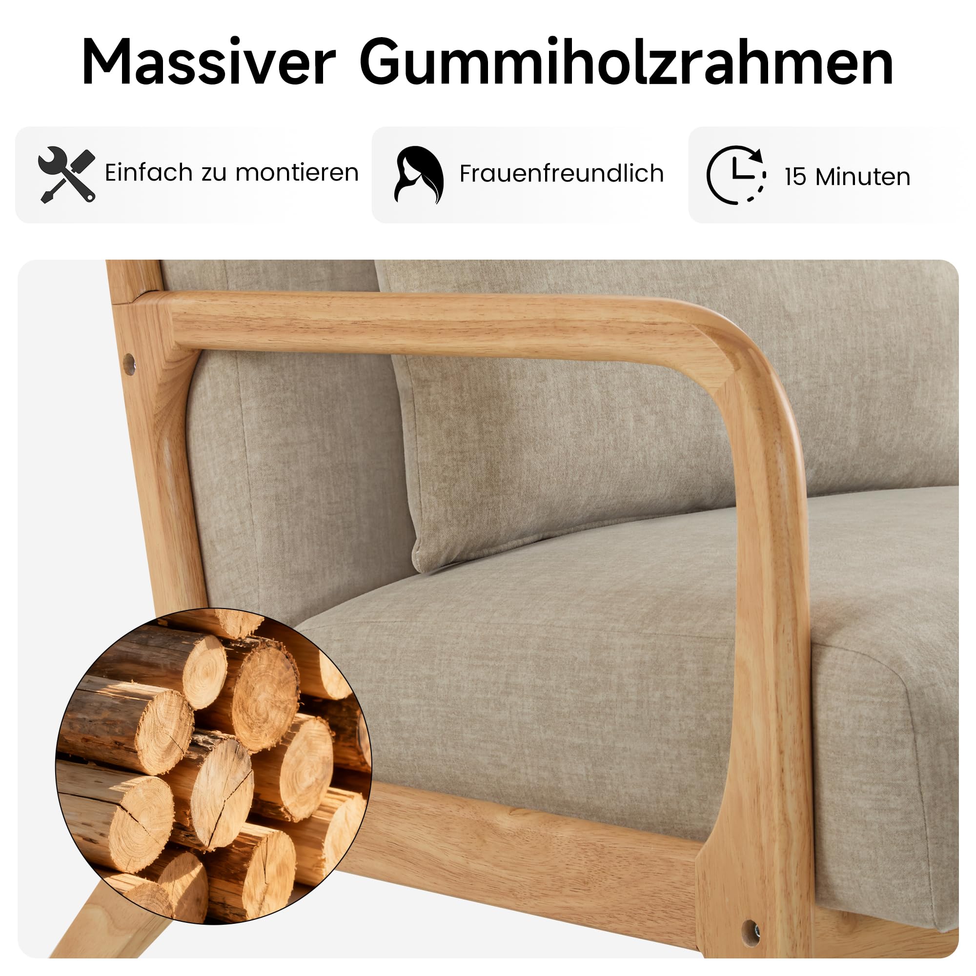 2er-Set Accent Sessel mit Kissen, Moderner Polstersessel für Wohnzimmer,Lounge-Stuhl mit Armlehnen&Holzrahmen, bequemer Lesesessel, Stoff Hellgrau