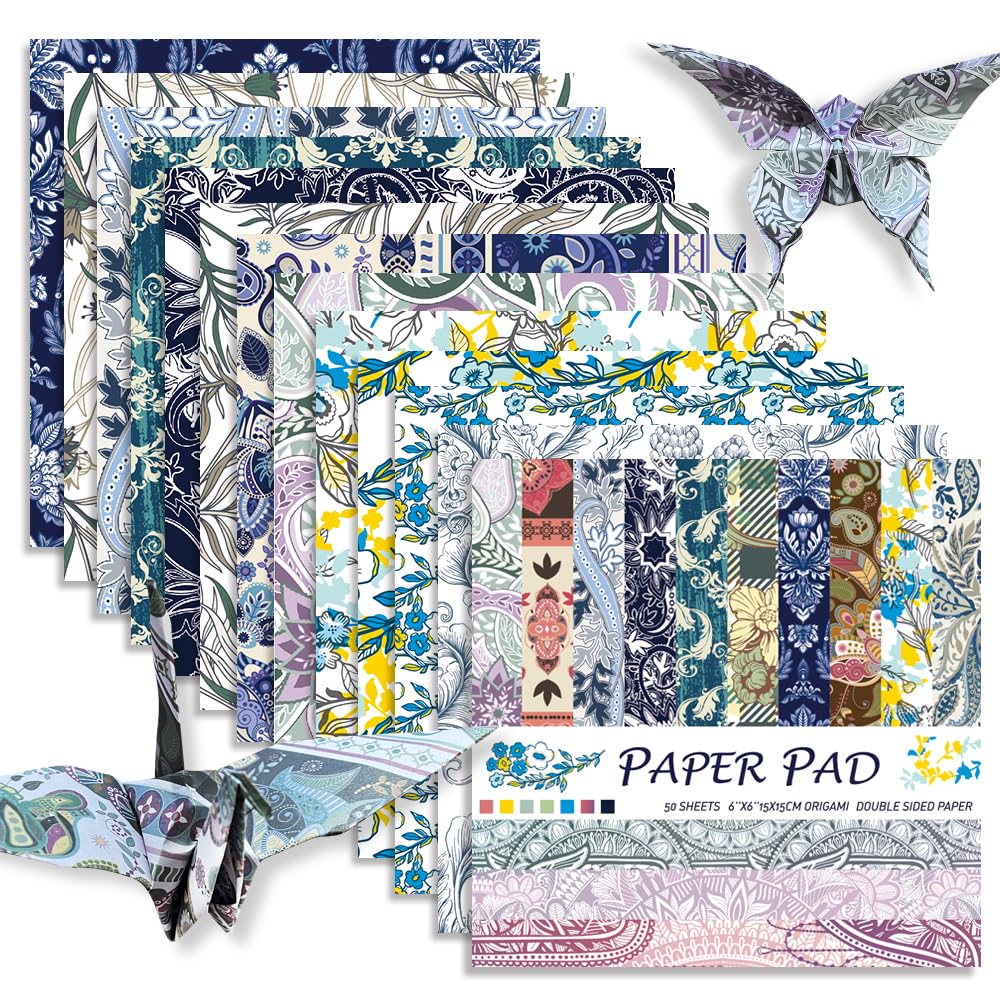 Papel de origami cuadrado de 6x6 de doble cara, 50 hojas, 50 colores, 70 g/m², kit de origami japonés Chiyo, fácil de plegar, manualidades, bricolaje, trabajo manual, principiante, barroco