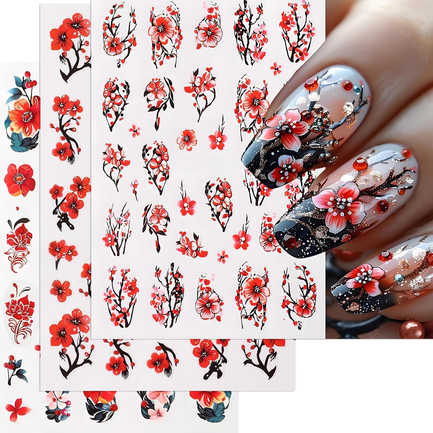 3 Sheets Flower Nail Stickers Red Floral Nail Art Stickers Self Adhesive Hibiscus Nail Decals for Manicure Nail Decoration Accessories for Beautiful Nail Design for Nail Enthusiasts