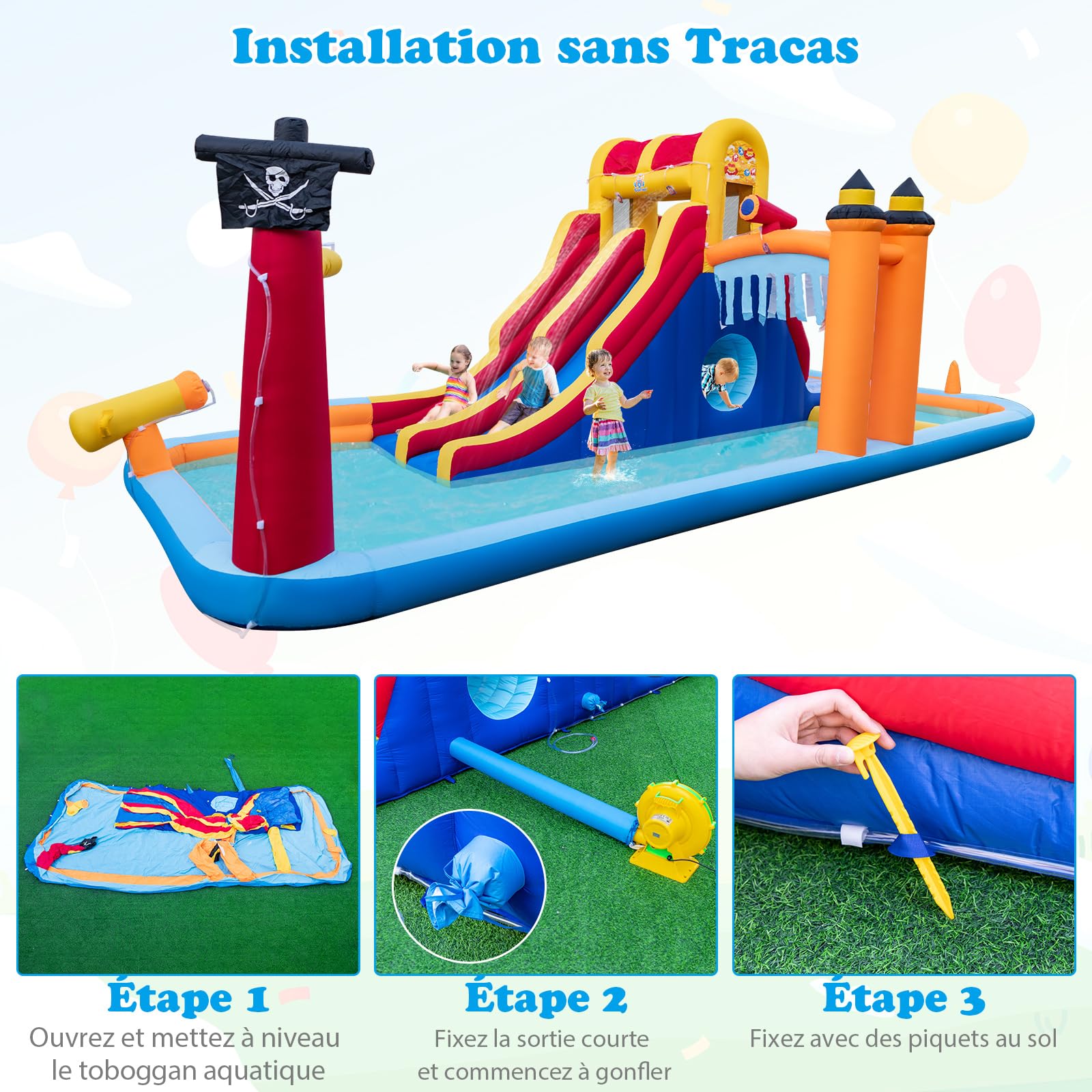 COSTWAY Château Gonflable en Forme Boîte avec Toboggan Aquatique & Mur d’Escalade, Aire de Jeux Gonflable avec Canon à Eau, Charge 90kg pour 3 Enfants de 3-10 Ans, 693x295x263 cm…