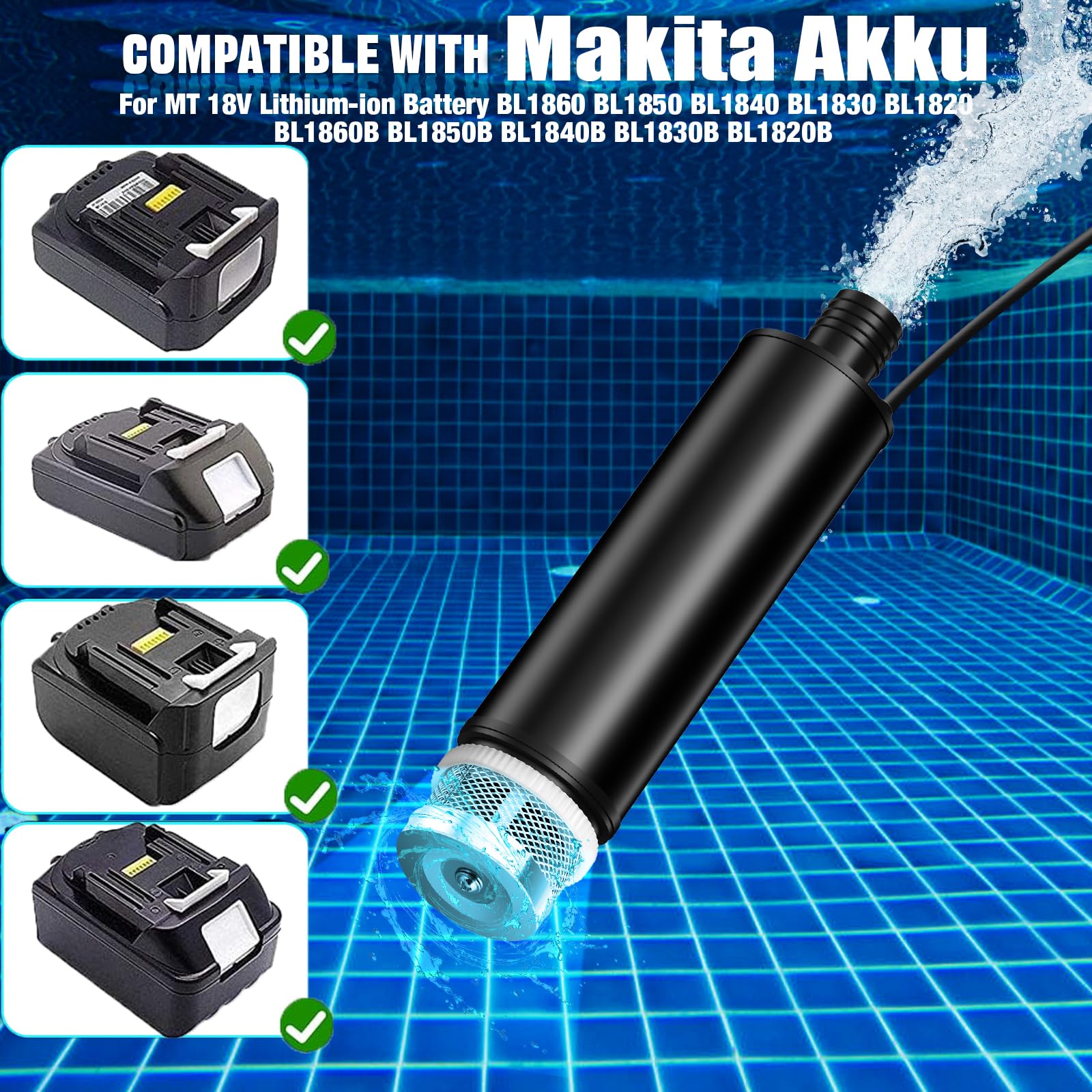 TPDL Pompa per bagno/acqua, compatibile con batteria Makita da 18 V, pompa di trasferimento da 120 W, 12 V, con cavo da 5 m, pompa di aspirazione per olio, pompa sommergibile per Gardena, piscina da