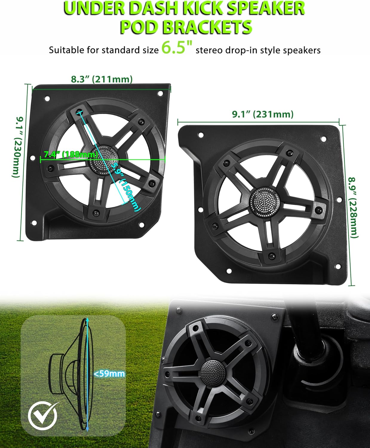 6.5" Speaker Pods for EZGO TXT 1994+, Under Dash Kick Loudspeaker Mount Front Speaker Devices Pod Bracket Holders for E-Z-GO TXT Accessories(2PCS, Support 6.5inch Speakers)