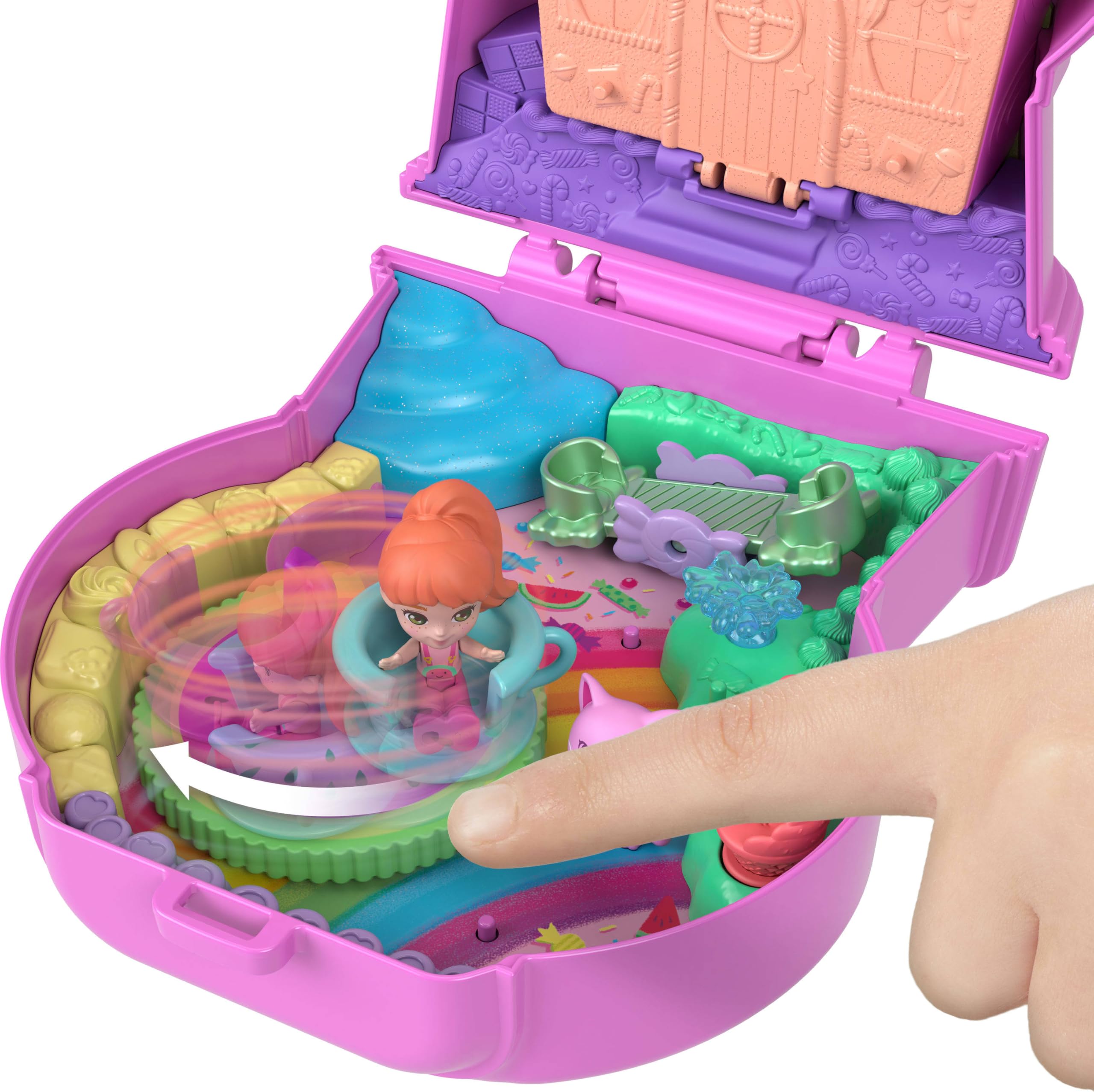 Polly Pocket Dolls and Playset, Gumball Kitty Compact, Travel Toy with 1 Micro Doll, Pet, Teacup & Seesaw Ride - Image 3