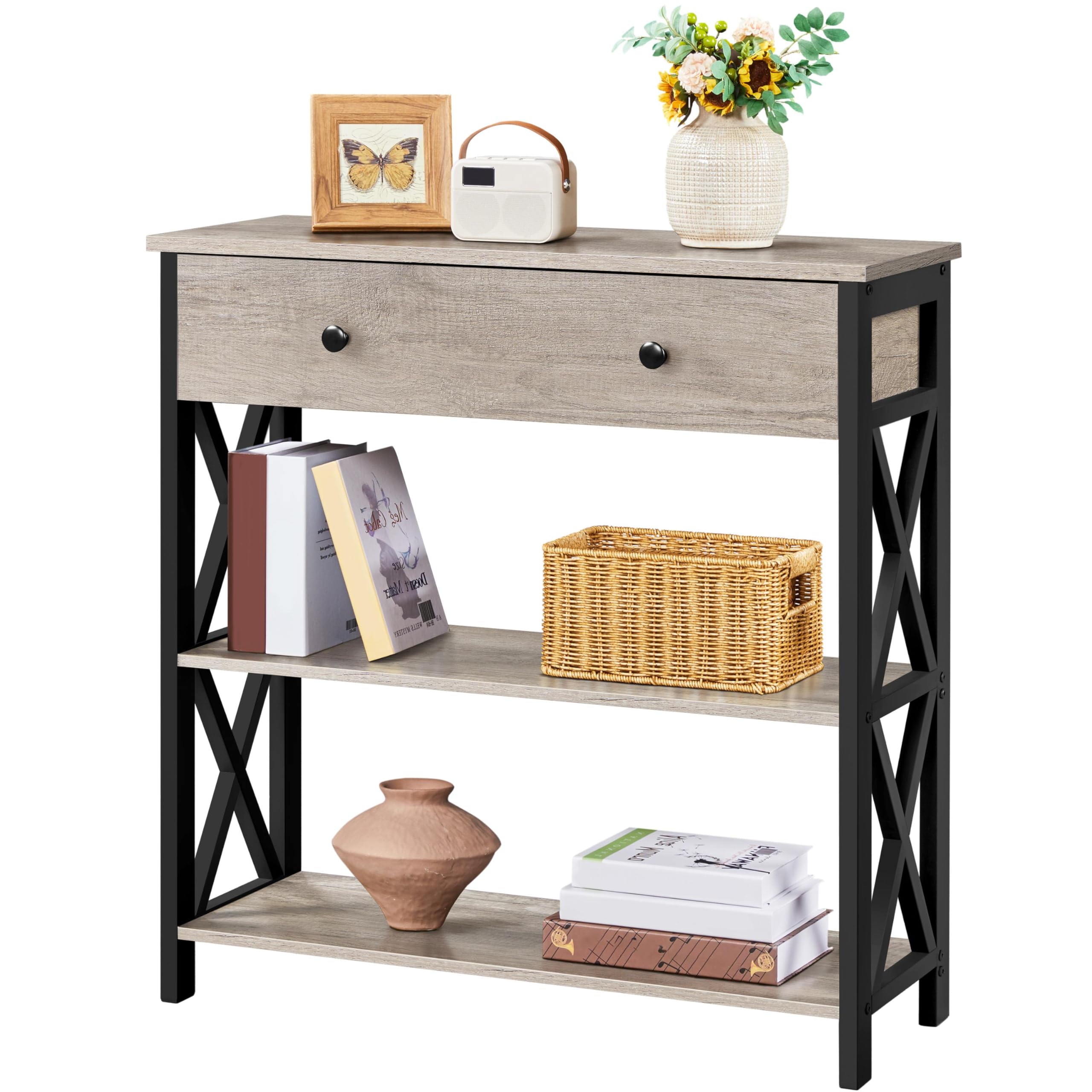 Yaheetech Console Table, Hallway Table with Drawer & Storage Shelves, 3-Tier Sofa Side Table with Metal Frame for Living Room, Bedroom, Entryway, X-Shaped Design, 80x29.5x81cm, Grey