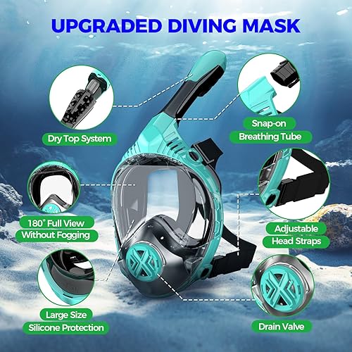 Miniatura 4 de Máscara de esnórquel de cara completa para adultos, equipo de esnórquel para niños, diseño antivaho y antifugas con vista panorámica de 180, sistema