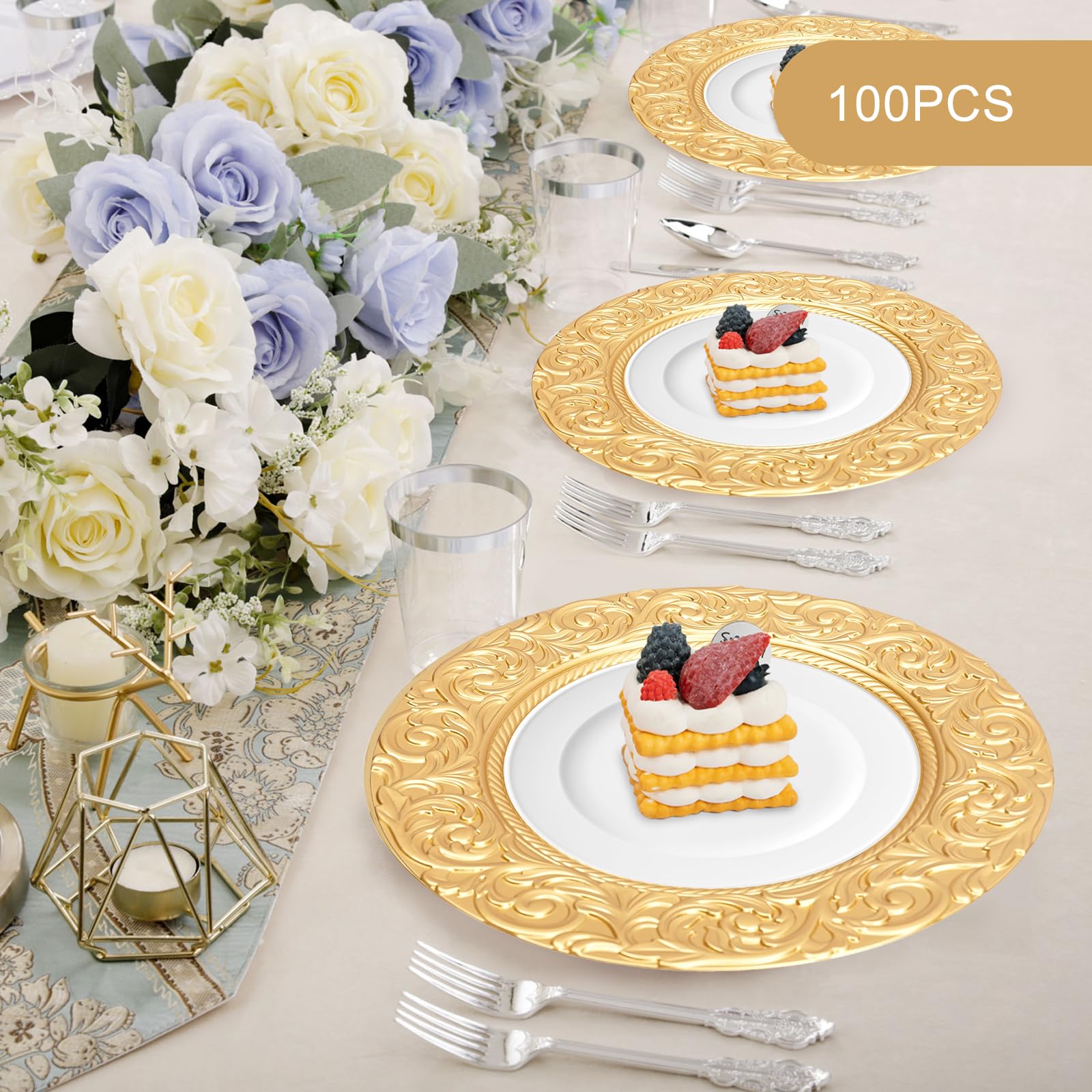 100Stück goldene Platzteller, Runde Platzteller,33CM Kunststoff Platzteller | Wiederverwendbar Verwendbare Goldene Platzteller, für Hochzeitstag, Weihnachten, Party, Tischdekoration, 100er Set
