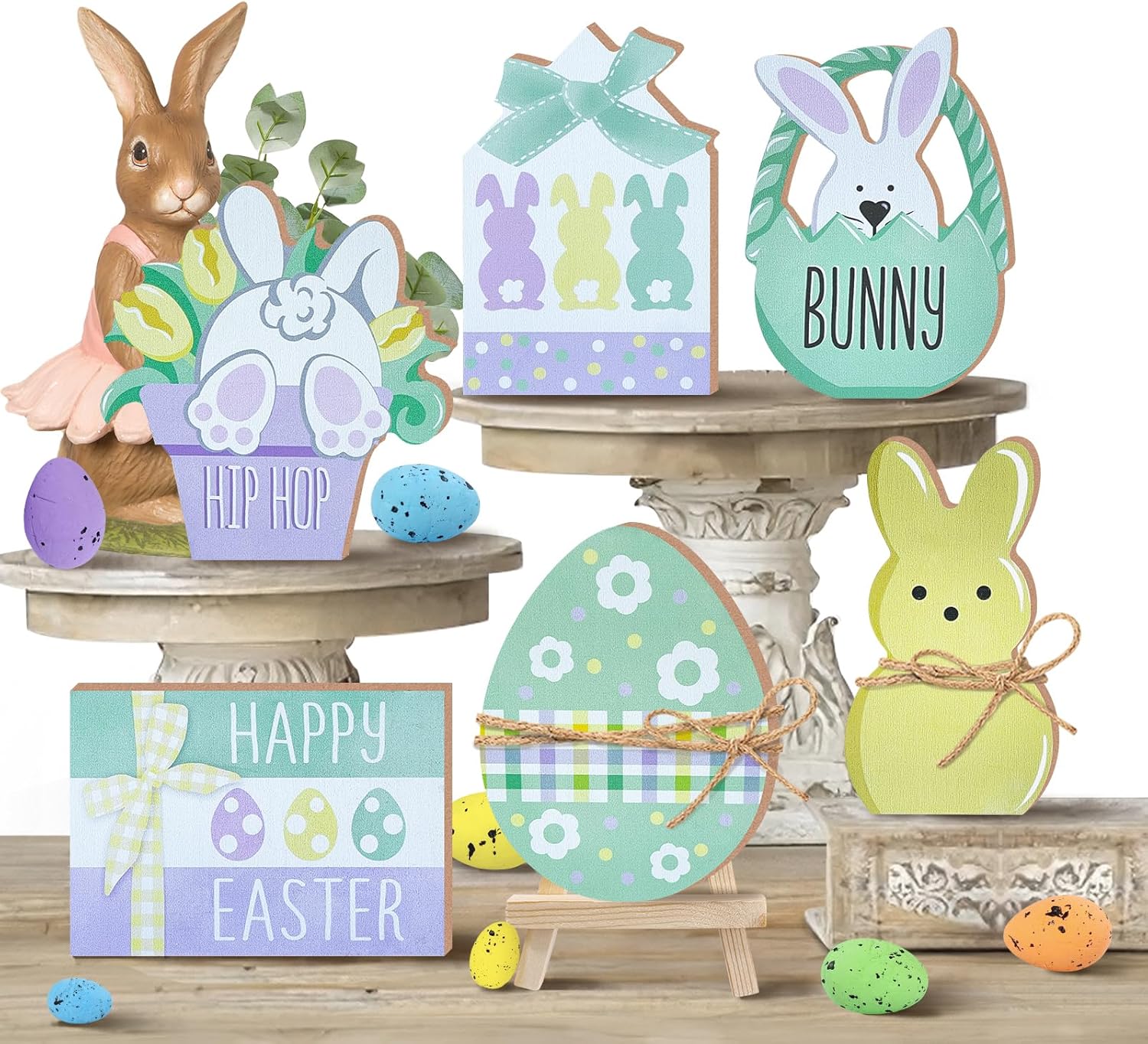 Easter Tiered Tray Decor Set, Peeps Bunny Wood Tray Decorations, Hip Hop Rabbit Flowerpot Decorative Wooden Signs, Happy Easter Eggs Spring Farmhouse Rustic Shelf Table Home Decor Easter Bunny
