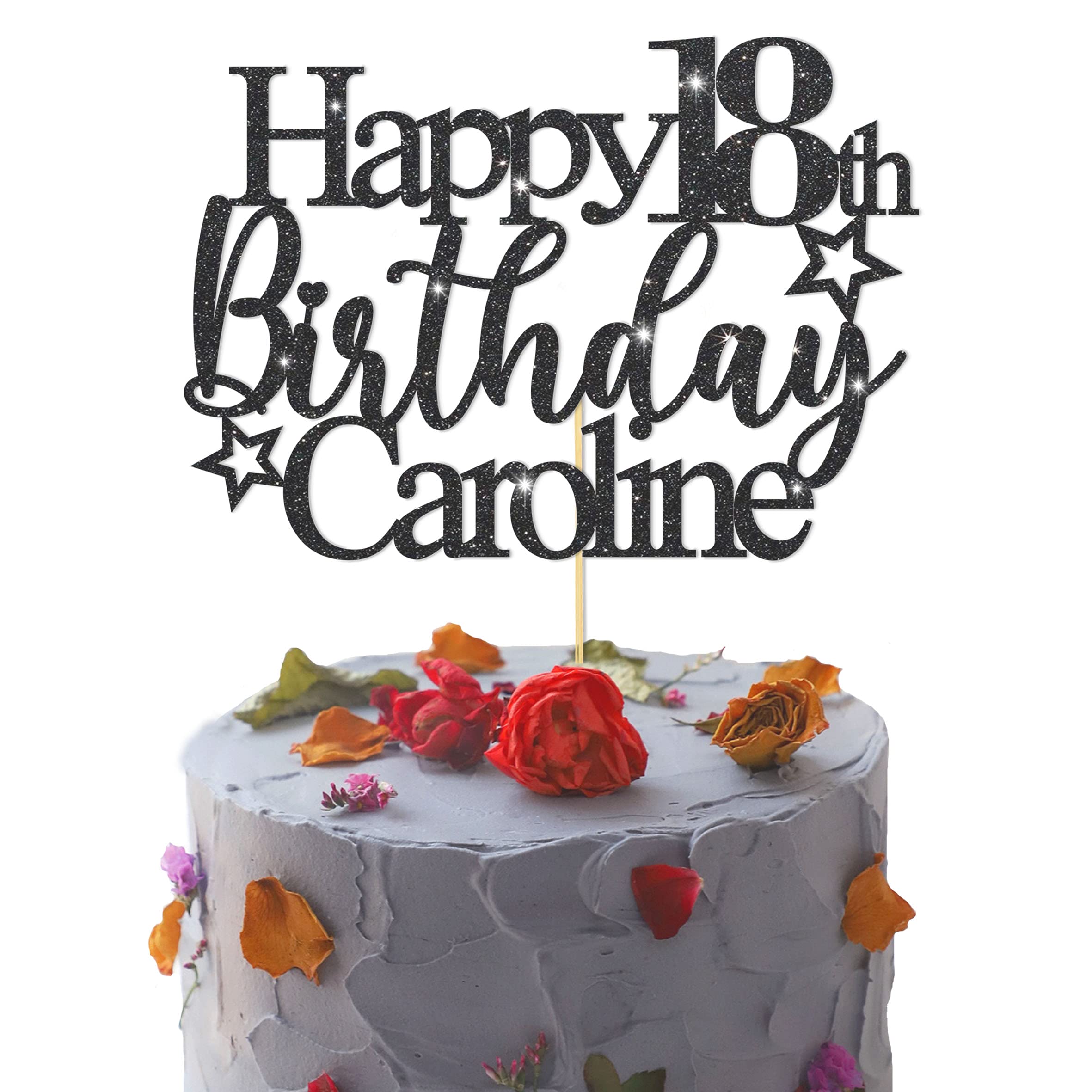 GuteGifts Personalised Happy Birthday Cake Topper | Custom Party Decoration with Any Name Age | Multicolour Glitter Cake Topper 13th 16th 18th 21st 30th 50th 60th 80th Handmade in UK (Black)