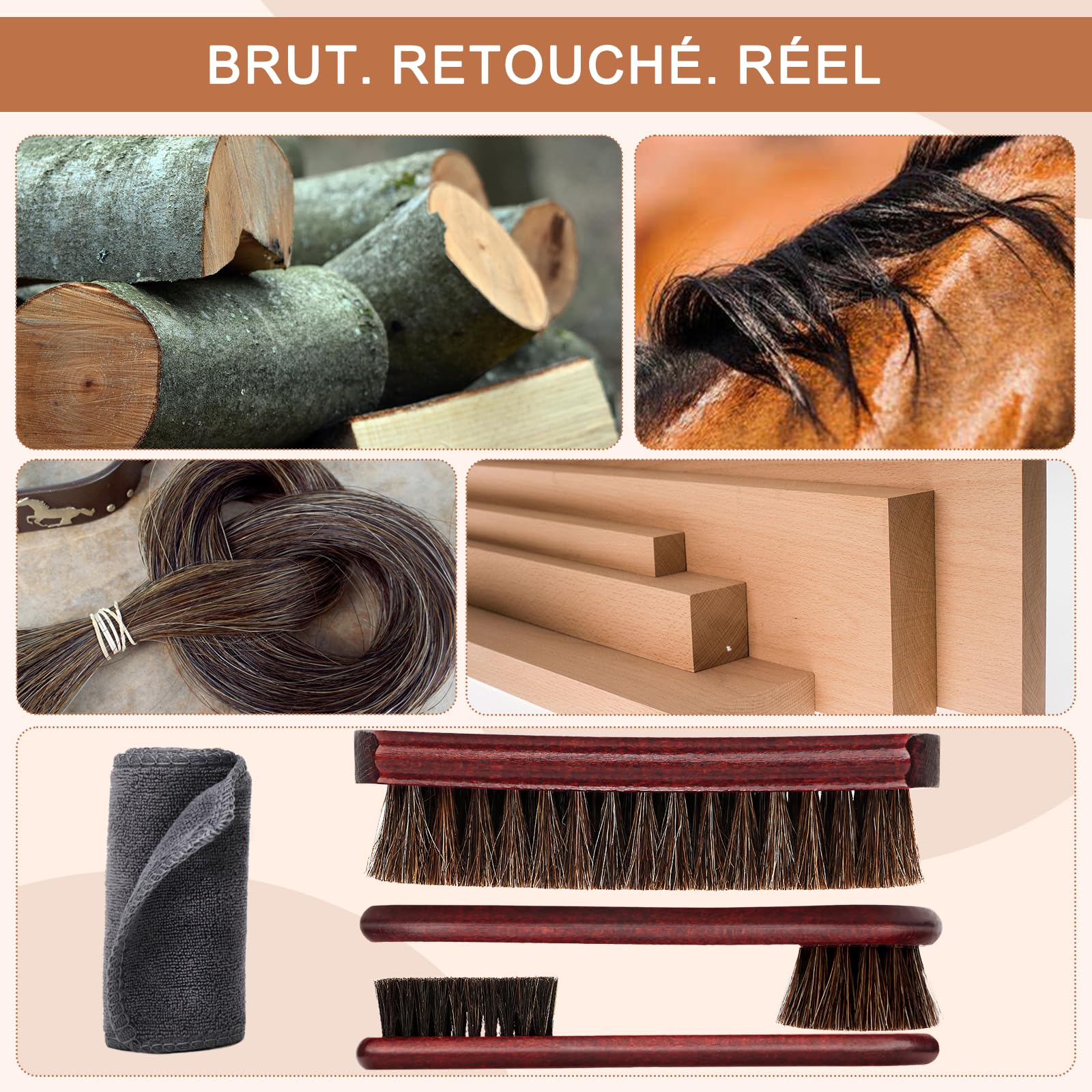 Kit 4 Pièces Brosse à Chaussures 100% CRIN de Cheval Set Entretien Cuir Bois de Hêtre Nettoyage Daim Sneakers Bottes Brosse à Luire Applicateur Chiffon Polissage Doux Naturel Cadeau Homme Coffret
