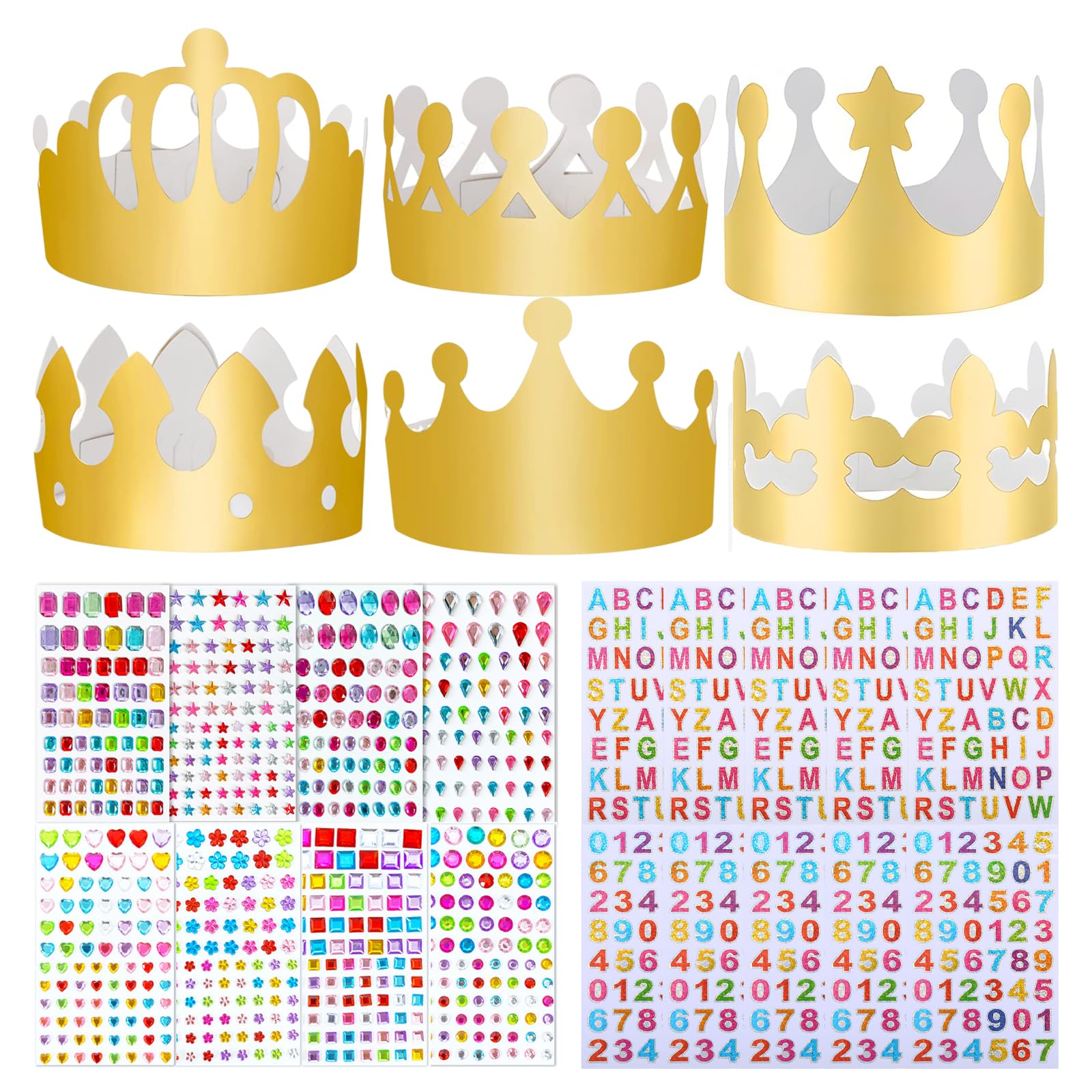 ZPSCXQ 6 Crown Party Hats with Gem Stickers, DIY Paper Crowns Kit, DIY Craft Activities, Birthday Party Decorations, Adjustable Head Size, Self-Adhesive Gem Stickers