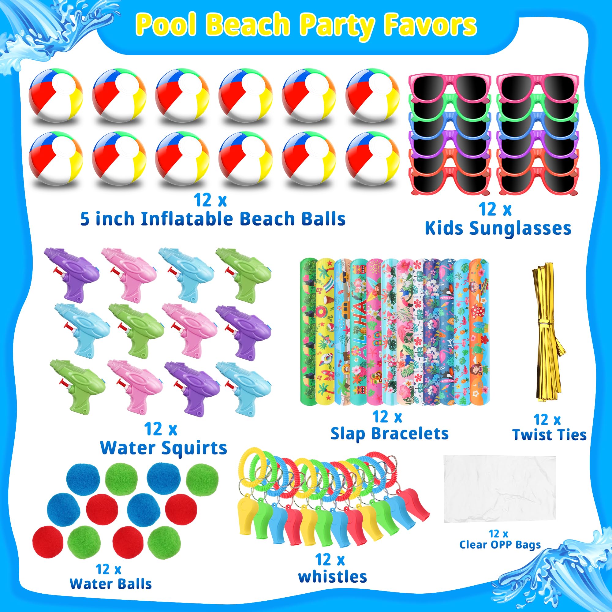 Extpro Pool Beach Party Favors, 72Pcs Summer Pool Toys Goodie Bags Set for Kids Inflatable Beach Balls, Sunglasses, Slap Bracelets, Water Gun, Water Balls, Whistles for Kids Birthday Party Decorations