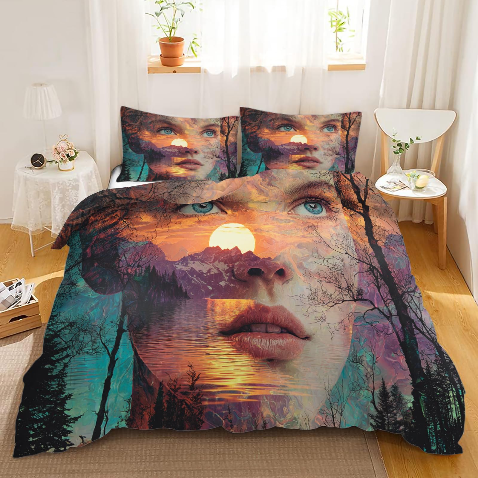 Premium XXL Bettwäsche 240x220 Übergröße, Malerei Kunstwerk Musterung Bettbezug inklusive 2X Kissenbezüge 80x80, Double-Face Optik Mikrofaserstoff, Kuschelig Bettgarnitur für Pärchen, Wohndekoration