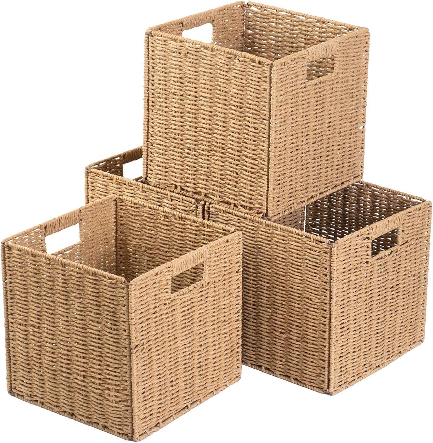 Foldable Storage Cube Bins Set of 4, Paper Woven Square Baskets, Natural, 11" x 11" x 11" Natural 11'' x 11'' x 11''