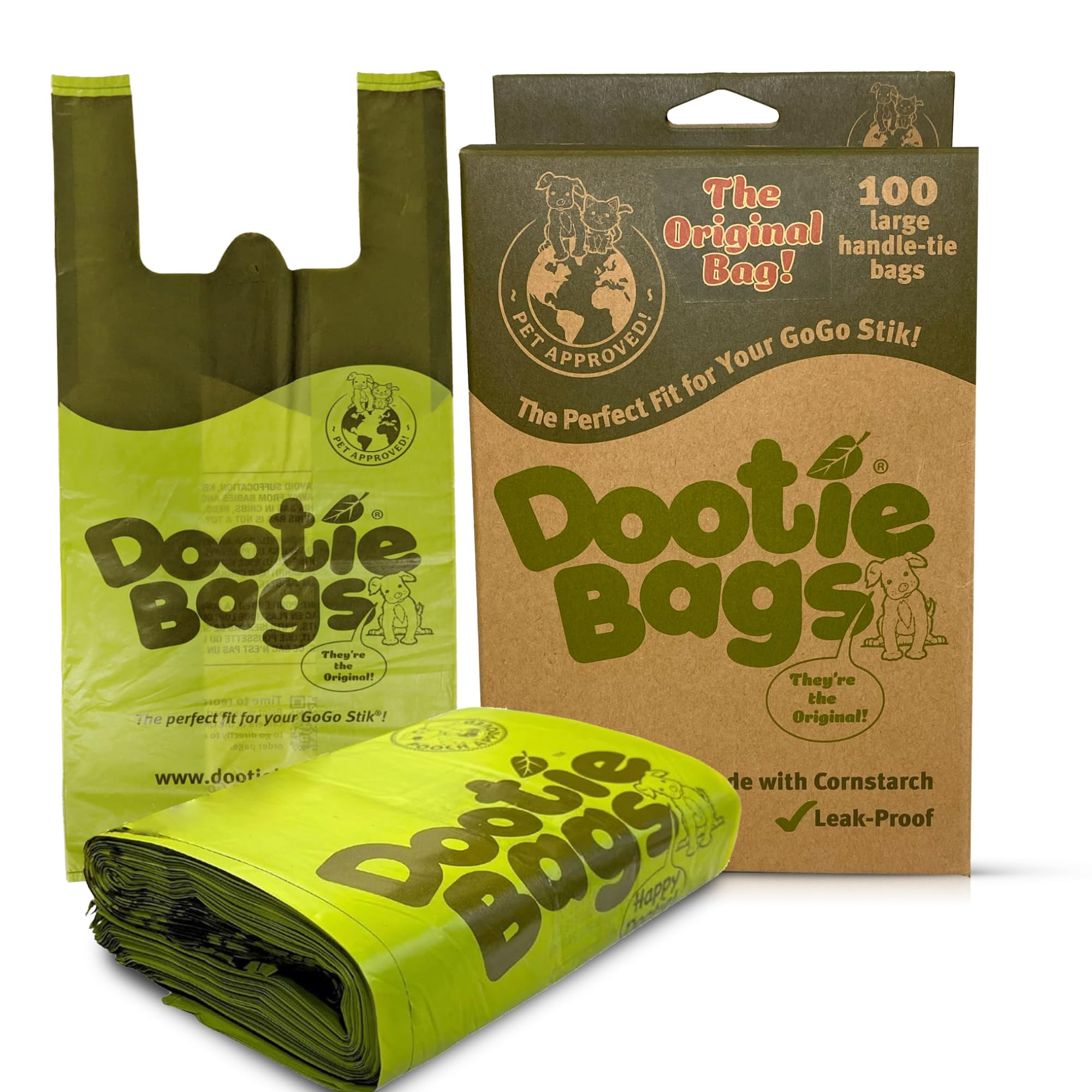 The Original Dootie Bag is Back! Pooch Approved Large Dootie Bags, Dog Poop Bags. Strong, Leakproof - EZ Tie Handles. Perfect for Dogs & Cat Litter. Pet Waste Cleanup, Swivel Bin & GoGo Stik Scoopers.