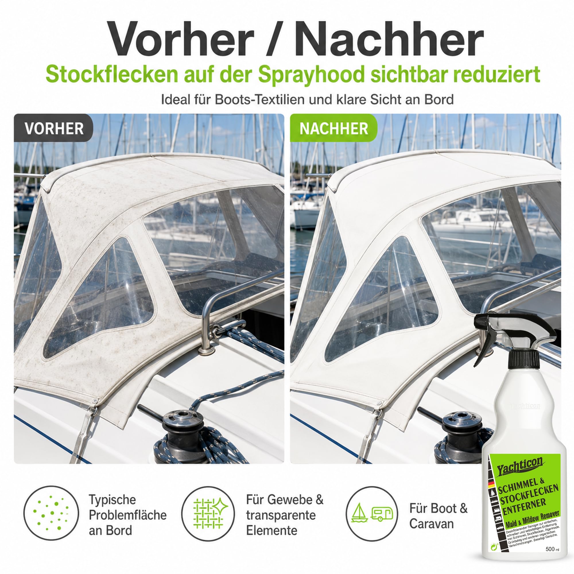 YACHTICON Schimmel & Stockflecken Entferner – Effektive Lösung gegen Flecken und Gerüche auf Boot, Wohnmobil, Zelt, Bad, Polstern, Kunststoff, Textilien